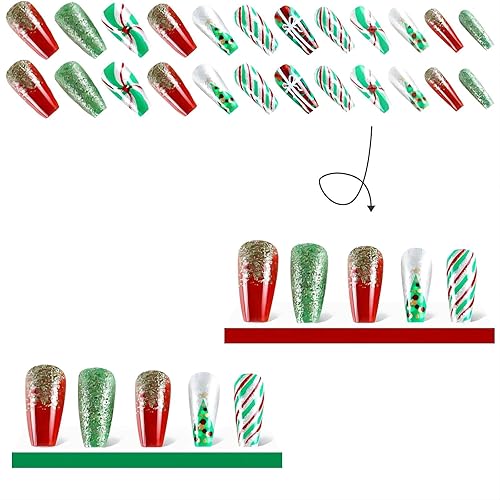 Miniatura 3 de Uñas postizas a presión de Navidad, uñas postizas medianas con diseño de ataúd, uñas postizas acrílicas con diamantes de imitación, diseño de