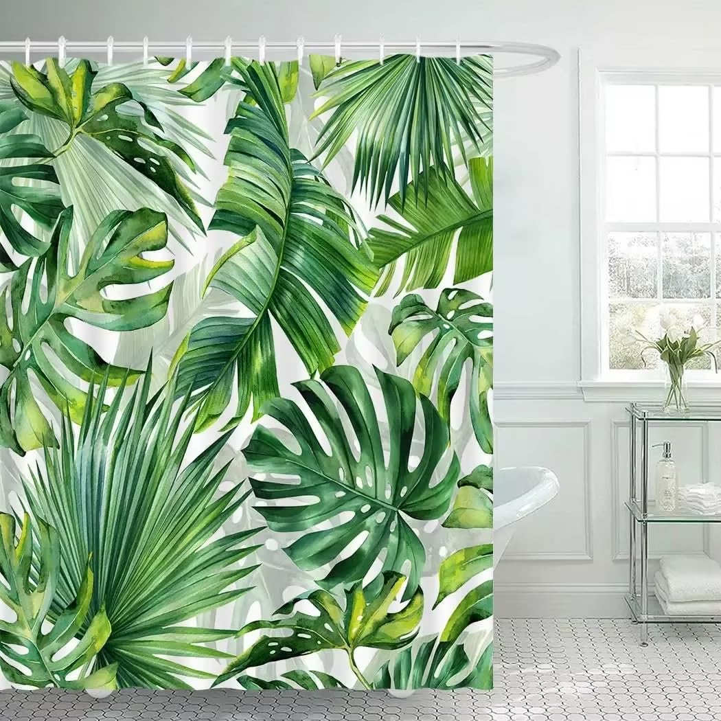 Cortina de Ducha 240x200 Hojas Tropicales para Baño,Estilo Hawaiano con Hojas de Palma Verdes,Impermeable,de Poliéster con Ganchos,Lavable a Máquina y de Fácil Secado,240Anx200Al cm (1 Panel)