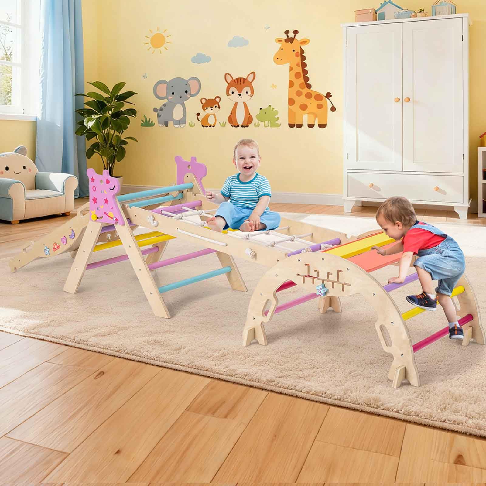 HOMASIS 4 en 1 Triangle à Grimper Montessori, Cadre d'escalade avec Arche, Rampe, Corde & Échelle, Aire de Jeux Éducative pour Enfants 3 Ans+ (Licorne, Couleur)