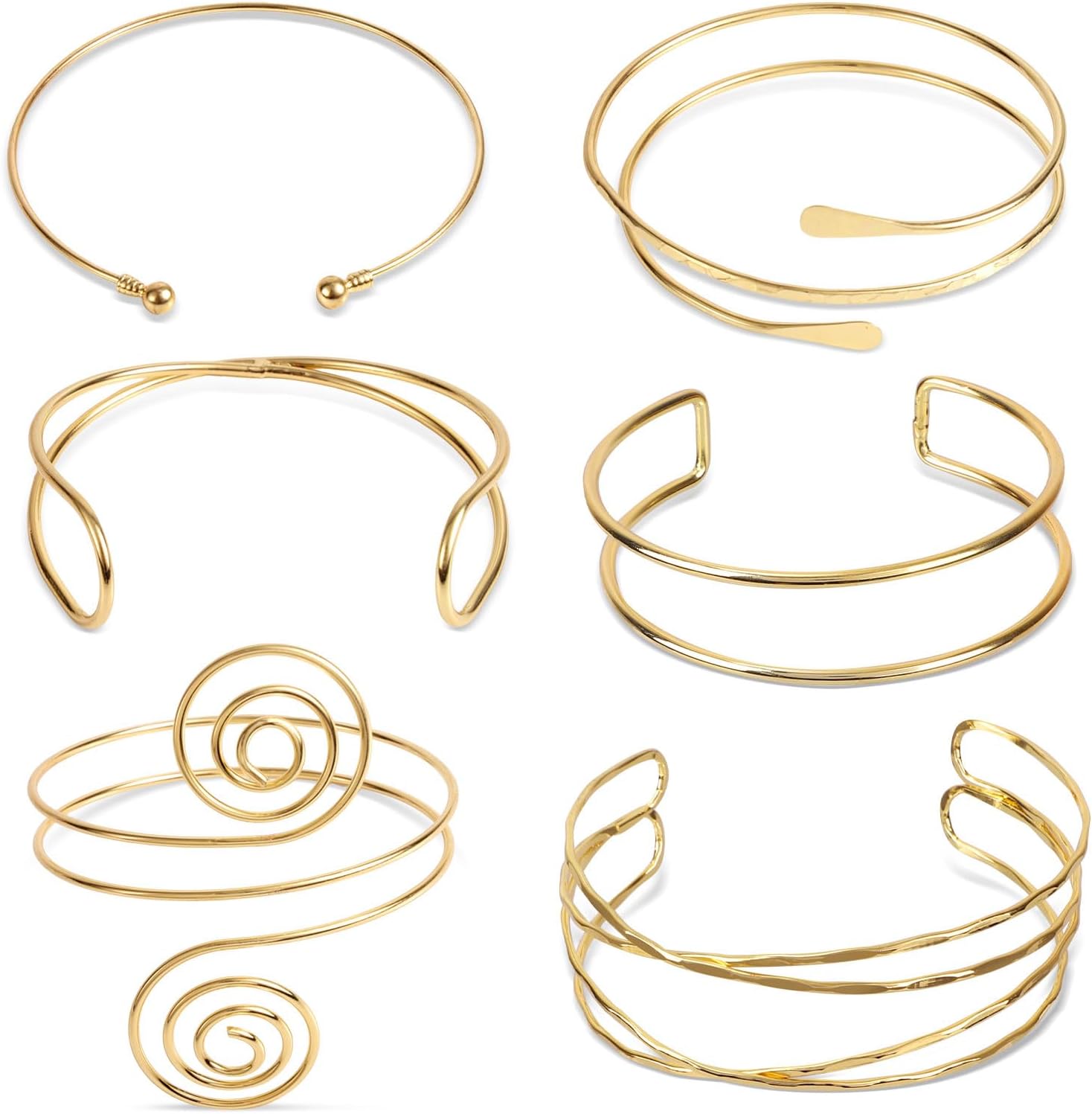 6 Pcs Upper Arm Gold Cuff Bracelet for Women, Adjustable Upper Arm Open Cuff Bracelet Simple Stylish Coil Bangle Band Armlet for Women Personalized Accessories Jewelry Gift