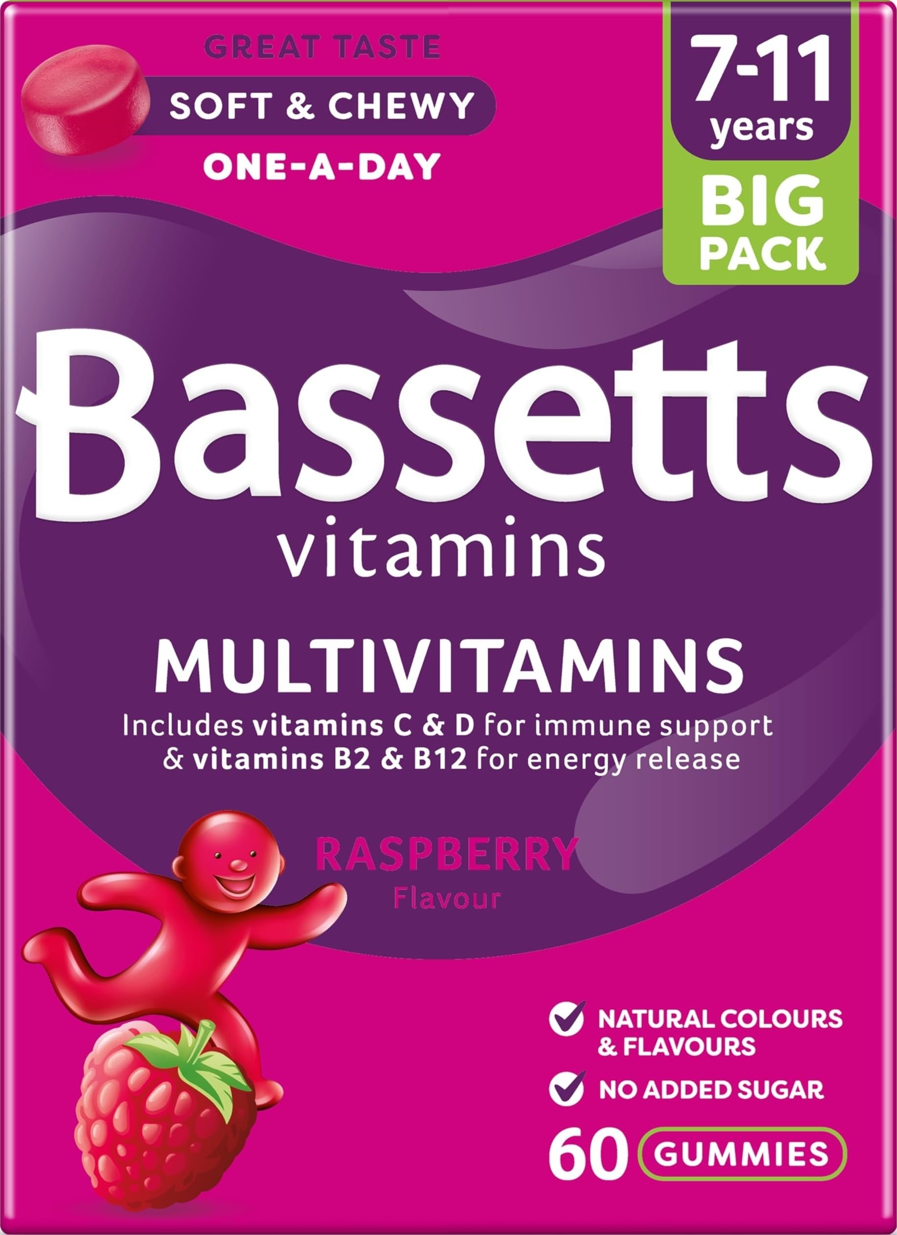 Bassett's Multivitamins Raspberry Flavour Soft And Chewies 7-11 Years - 60 Pack