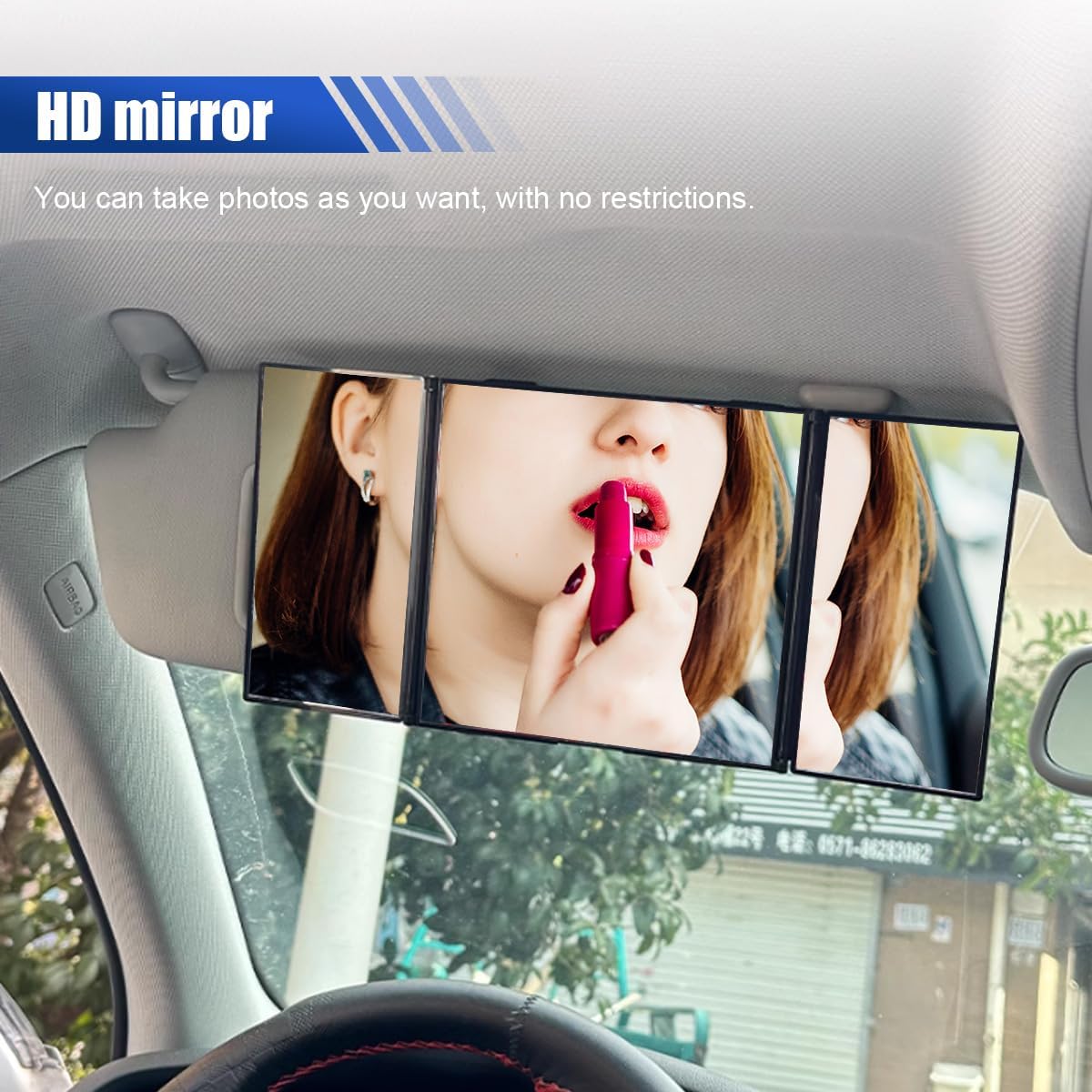 Car Folding Visor Vanity Mirror, Tri Foldable Car Makeup Mirror, Rear View Sun-Shading Cosmetic Mirror Universal for Car Truck SUV