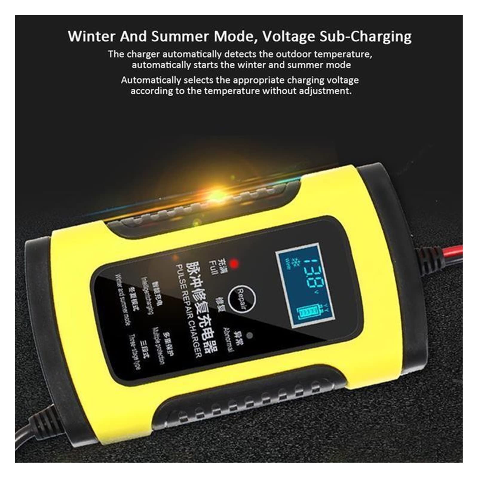 12V 6A naprawa impulsów inteligentna ładowarka wyświetlacz LCD do ciężarówki motocykl samochód 12V AGM żel suchy mokry akumulator kwasowo-ołowiowy 75AH 90AH 100AH(Yellow)