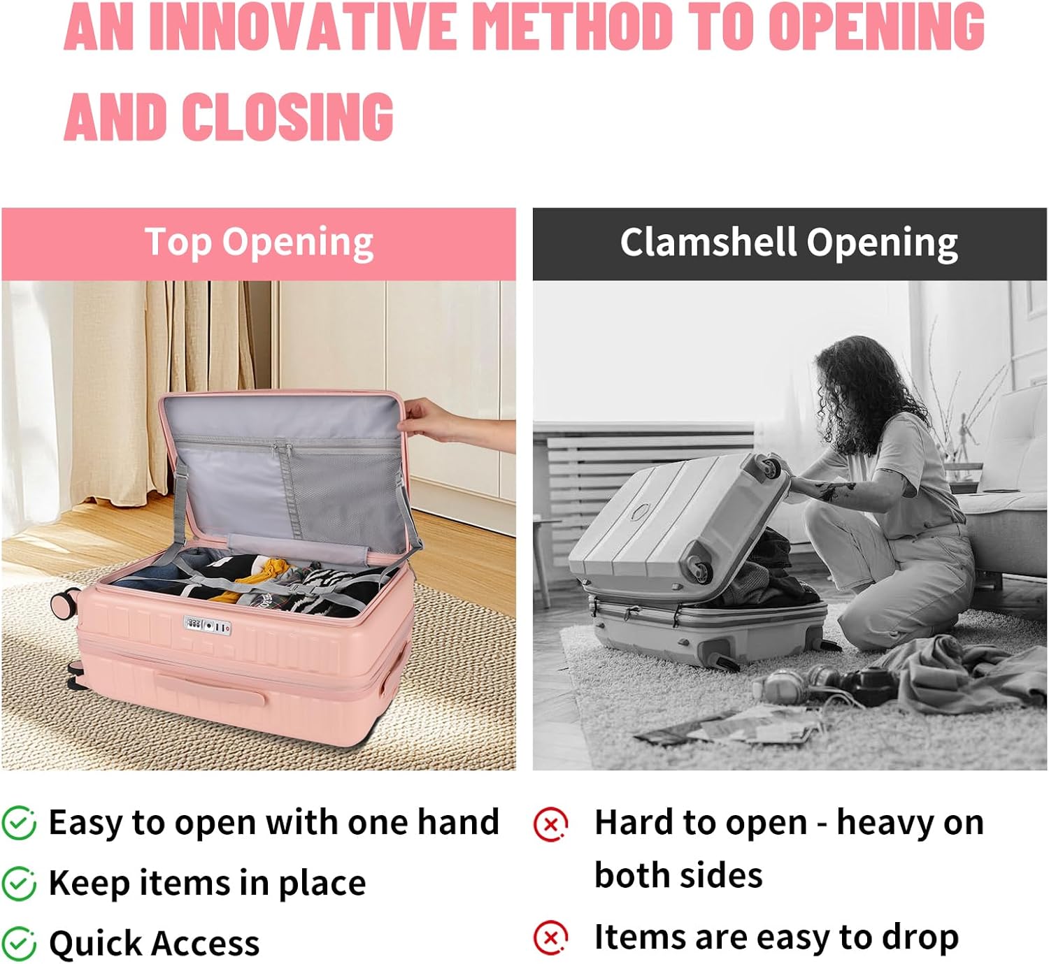 3-Piece 20/24 Top Opening Hardshell Lightweight Luggage and 28-Inch Clamshell Opening Suitcase with Spinner Wheels & TSA Locks for Woman Girls Travel, Pink 20in/24in/28in - Image 3