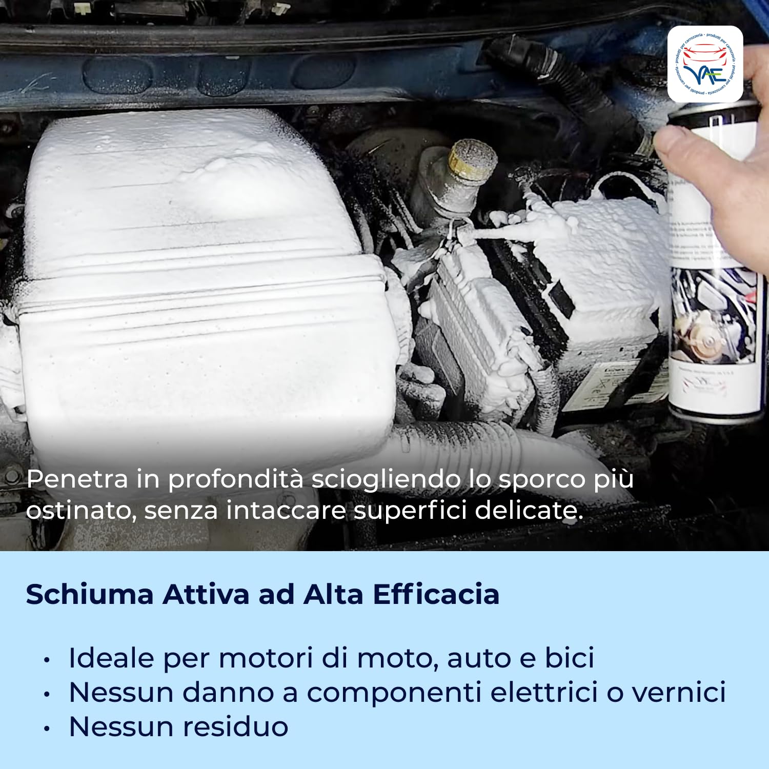 VAE VAEMOTOR WASH Pulitore Schiumogeno per Motori Moto, Auto e Bici, Detergente a Secco Senza Acqua con Pennello e Panno in Microfibra – Kit Completo per la Pulizia Rapida e Sicura del Motore