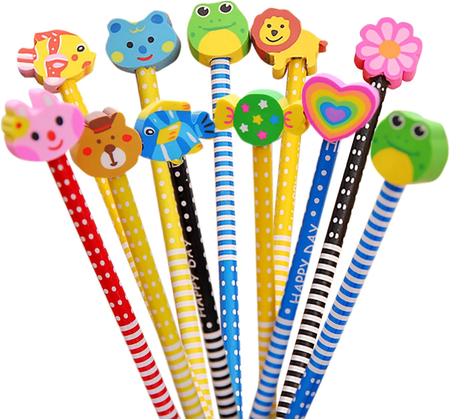 12Pcs Pencils Assorted Cartoon Stripe Colored Wooden Pencils for Supplies Prize Gift (animal fruits, 12)