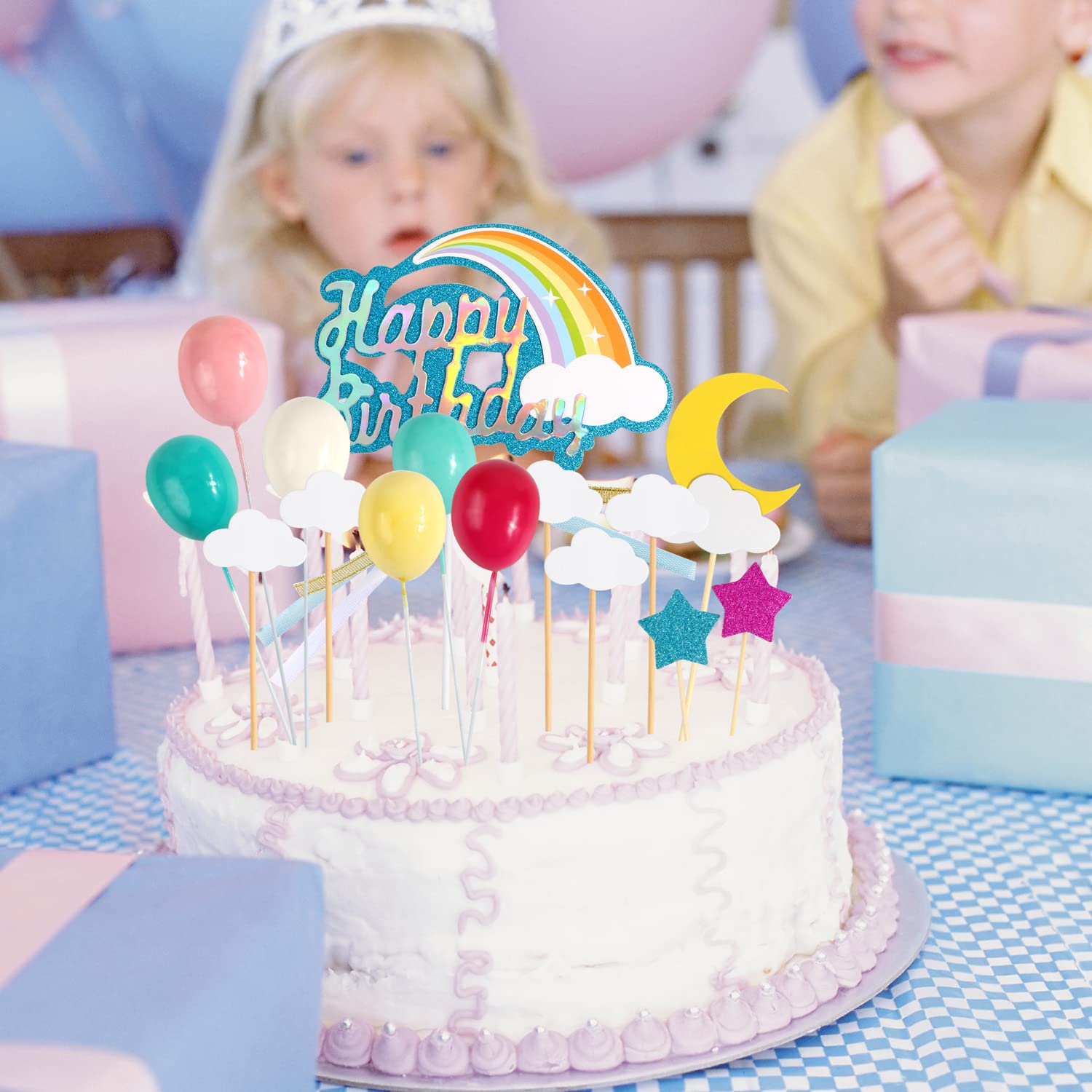 2. Geburtstag Tortendeko Für Mädchen – Kuchen-Topper Mit Regenbogen, Wolken & Sternen (Rosa)