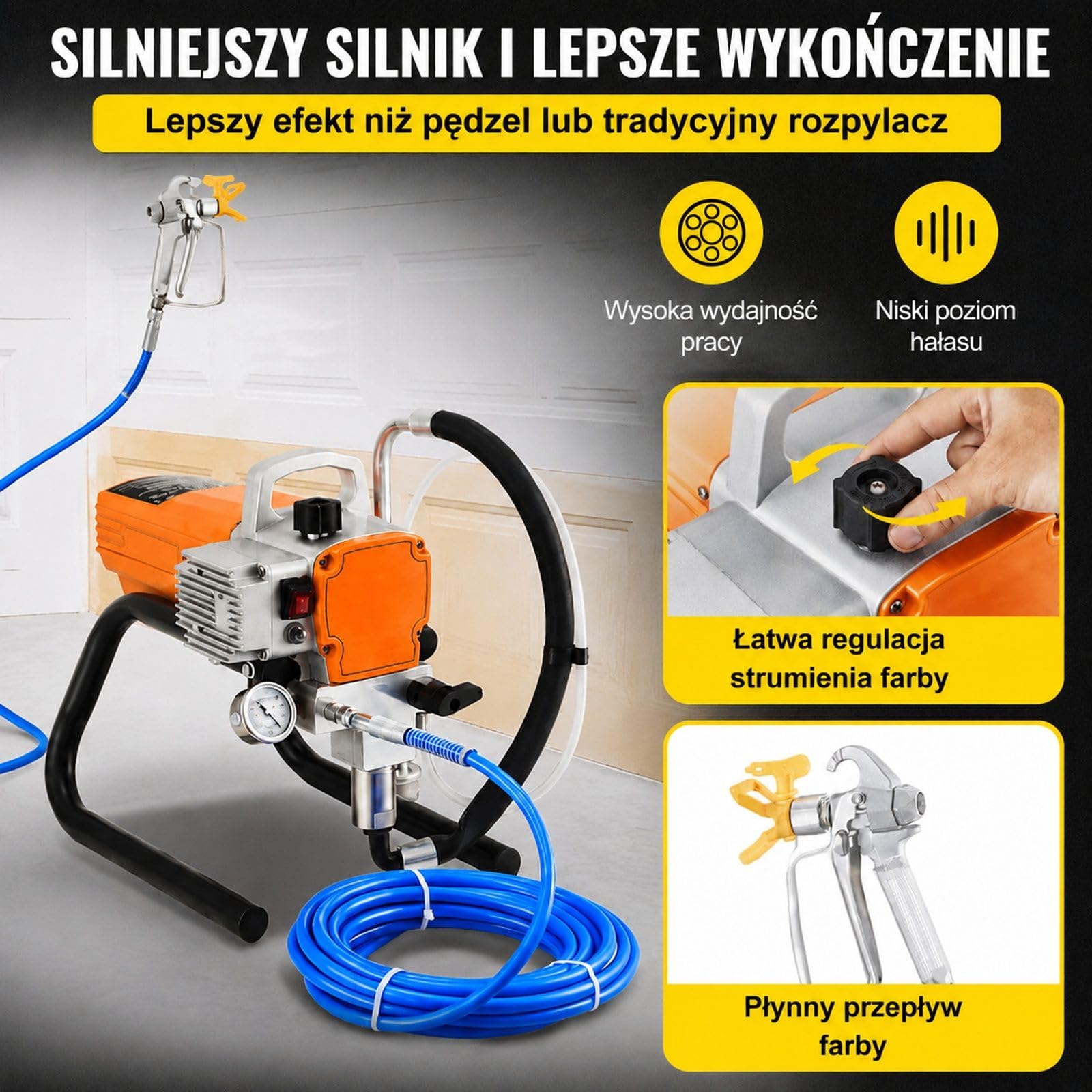Bezpowietrzny agregat malarski 1800 W, 3000 PSI, 1,8 L/min z pistoletem, wężem, regulacją ciśnienia do ścian, sufitów, drewna, metalu