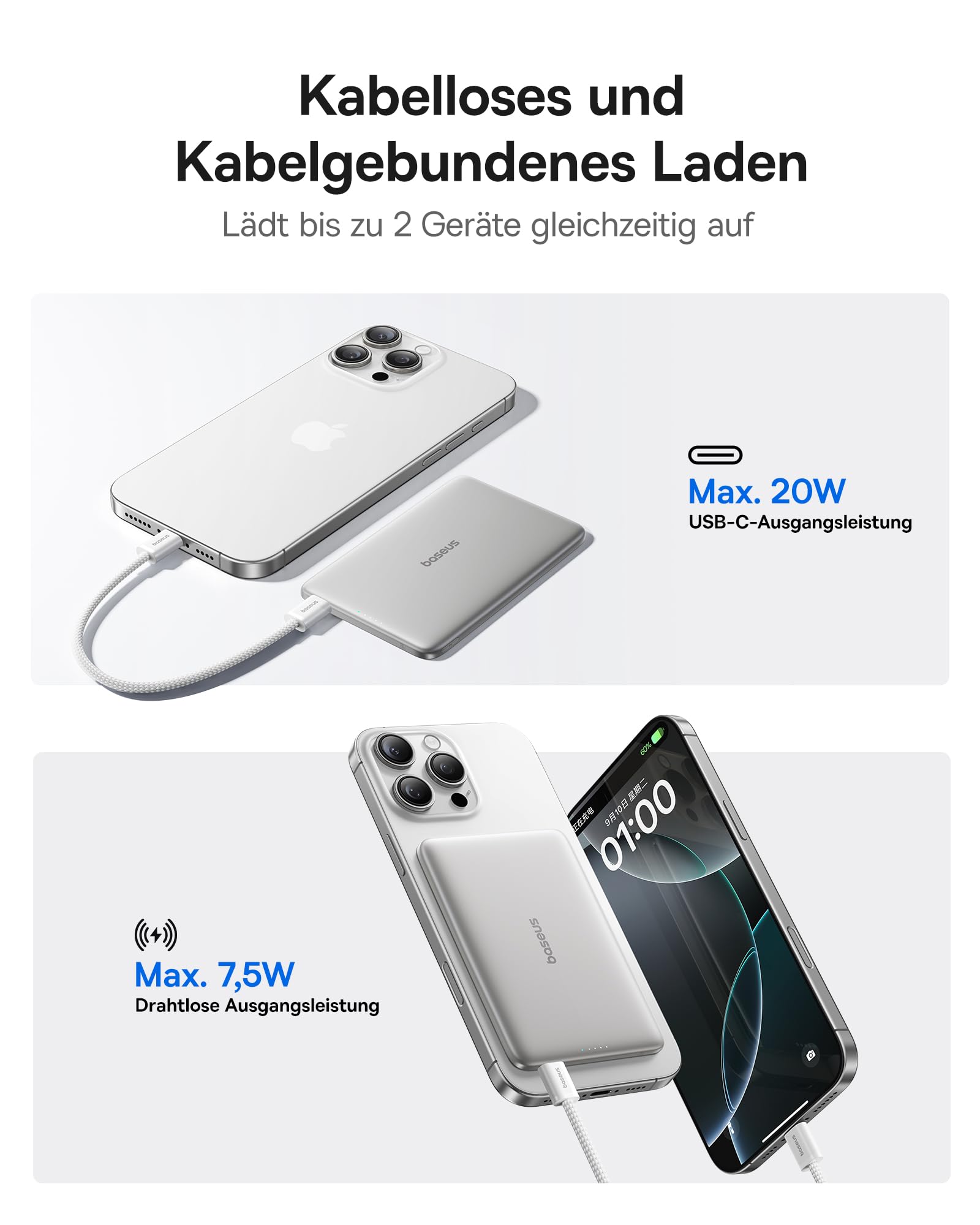 Baseus Picogo AM41 Power Bank, Ultra Slim 5000mAh Magsafe Powerbank, PD 20W Schnellladung, Portabel, Wireless Magnetische Externe Batterie mit USB C Kabel für iPhone 17/16/15/14/13/12, Titan