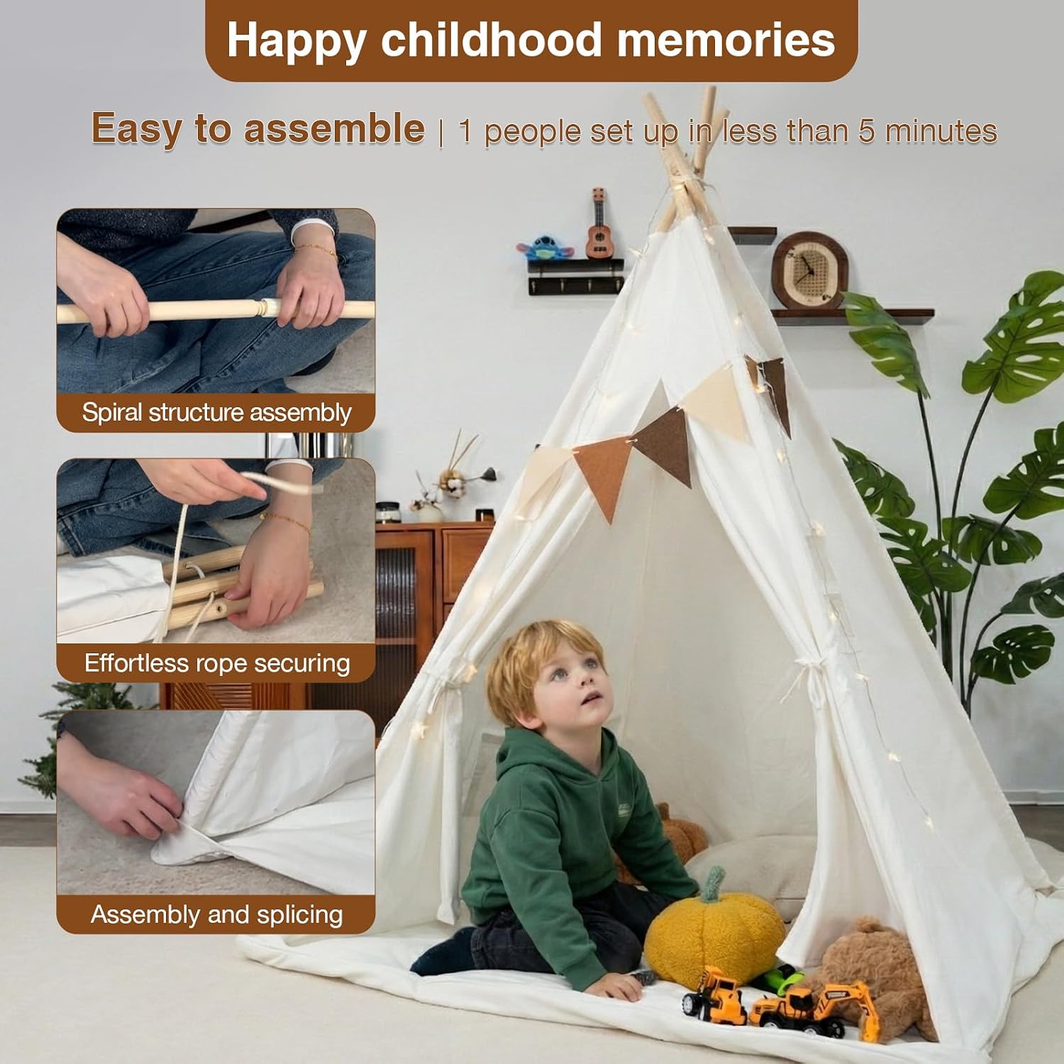 Kids Play Tent Set – Portable Teepee Tent for Toddlers with Mat & Star Lights, Washable and Foldable Indoor Play House for Baby Aging 1-3 as Reading Nook & Room Decor