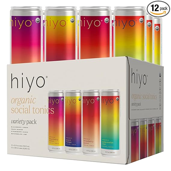 Hiyo Organic Social Tonic – Variety Pack, 12 Pack - N.A. Functional Seltzer, Sparkling Water Crafted with Organic Adaptogens, Nootropics & Botanicals
