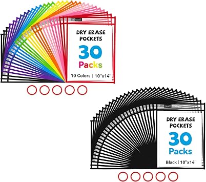 Gamenote Dry Erase Pockets 60 Pack with Rings, Reusable Sleeves Shop Job Ticket Holders Sheet Protectors, Teacher Supplies Must Have for Classroom