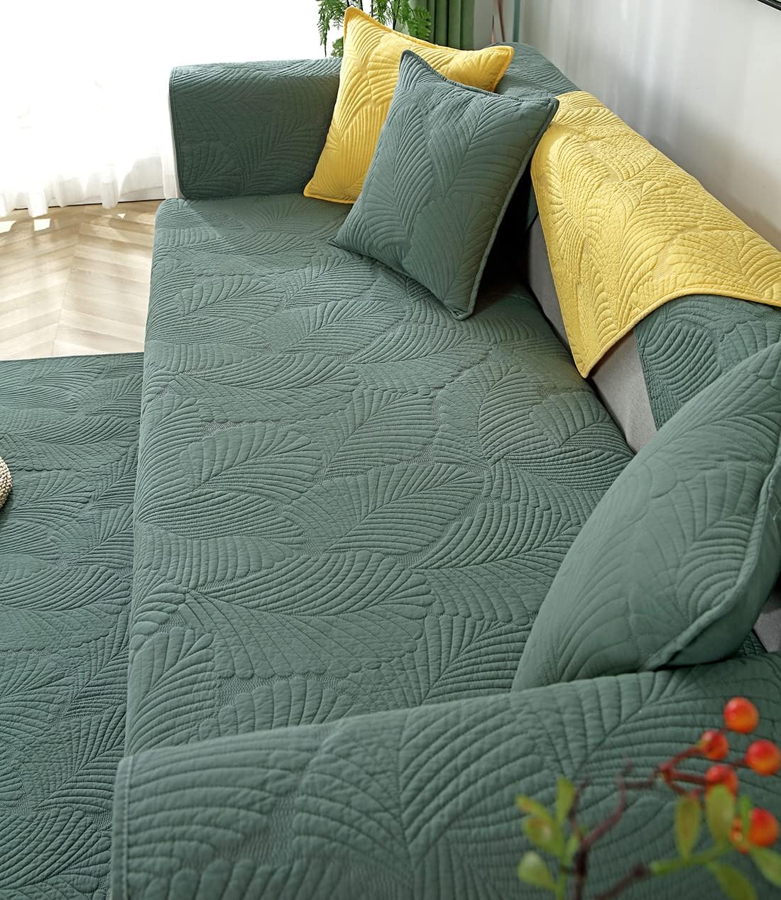Solid Color Leaf Cotton Quilted Sofa Covers Anti-Slip Soft Sectional Couch Cover Washable Sofa Slipcover for Dogs Cats Pet (Green,28''x70'')