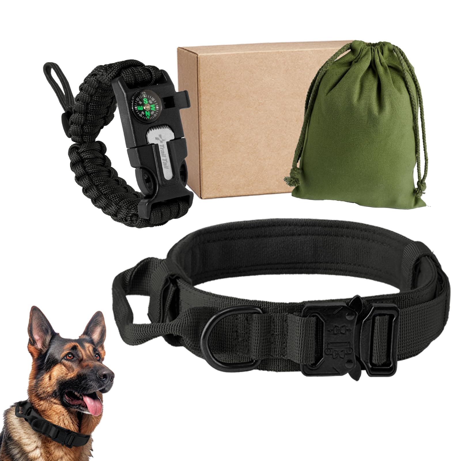 Tactical Trail Tail Heavy Duty Dog Collar with Handle, Paracord Survival Bracelet, Metal Buckle and Patches, Adjustable for Medium and Large Dogs (