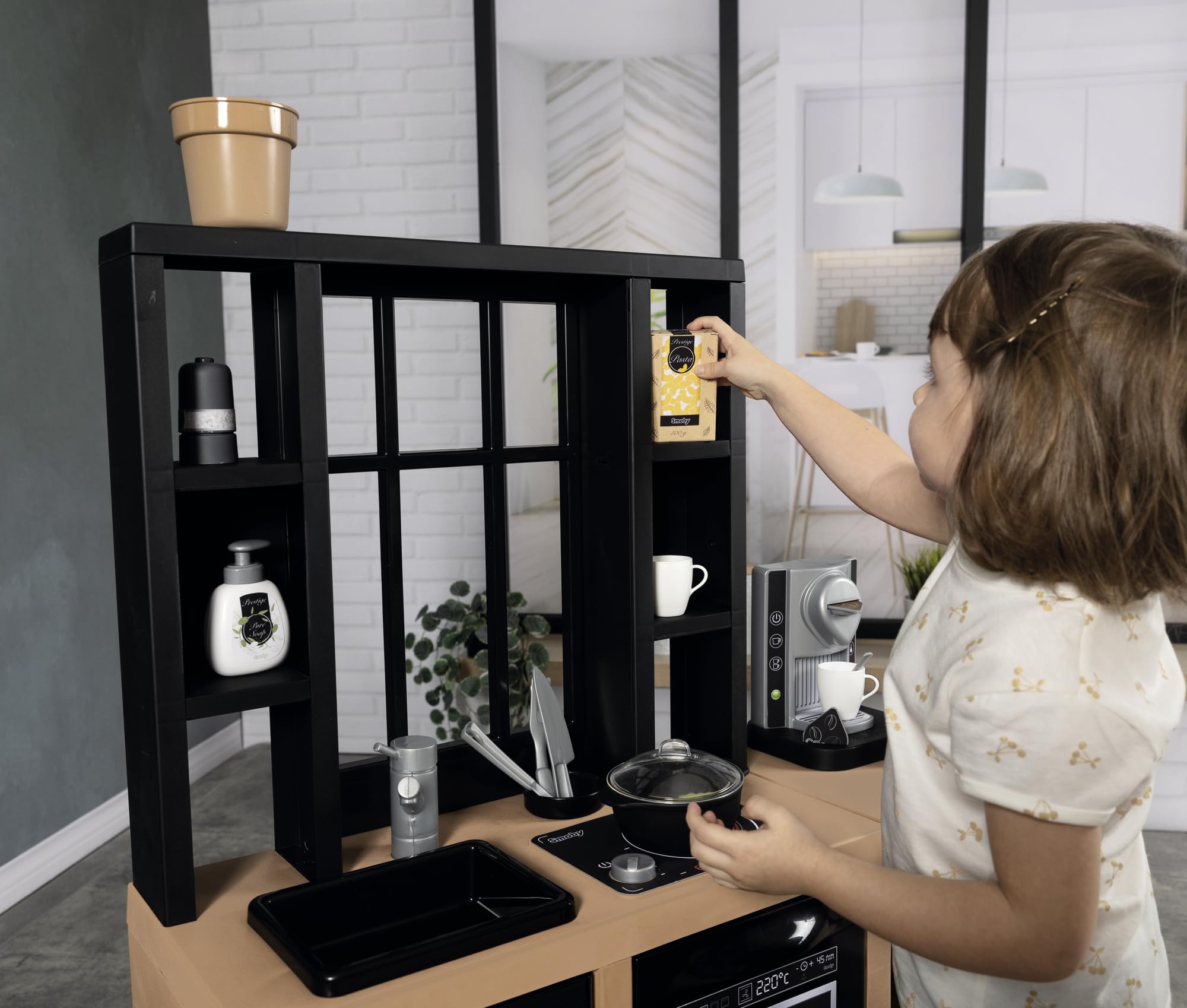 Smoby Cucina Loft 7600312600, +3 Anni, Stile Industriale, Altezza Piano 50 cm, 32 Accessori, Raccolta Differenziata, Made in France
