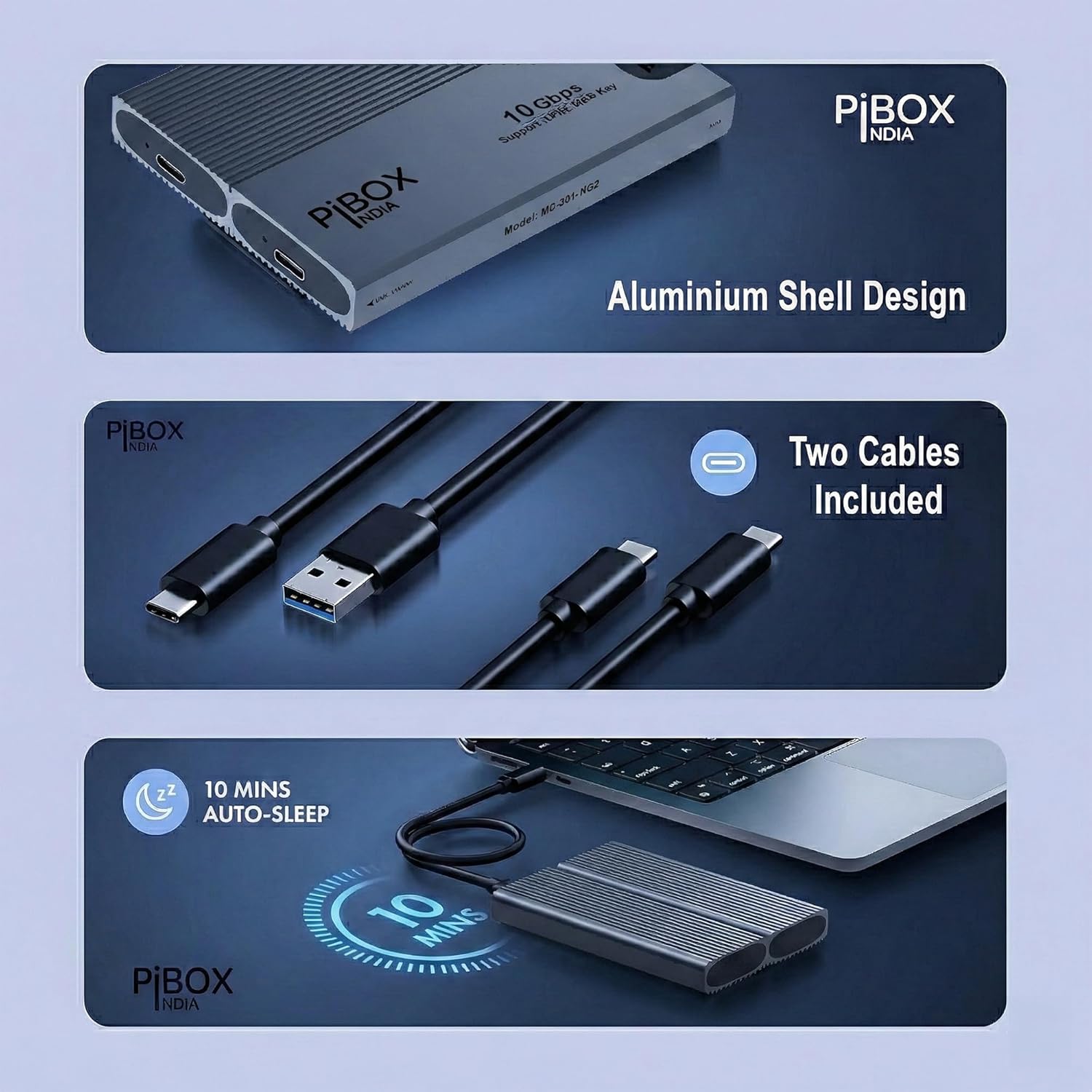 NVME M2 Enclosure Dual, PiBOX India NVMe SSD Enclosure - USB 3.2 10Gbps, Tool-Free M.2 NVMe Case, PCI-E Reader, USB-C, Supports M & B&M Keys, 2230/2242/2260/2280 SSDs, REALTEK RTL9210CN