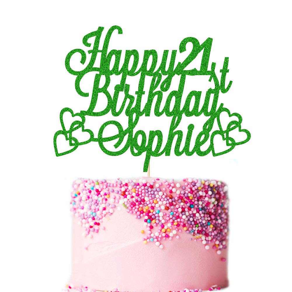 Personalised Birthday Cake Topper | Customized Heart Party Cake Decoration with Any Name Any Age 8 12 13 16 18 20 21 30 40 50 60 70 80| Double Sided Glitter Card | Green