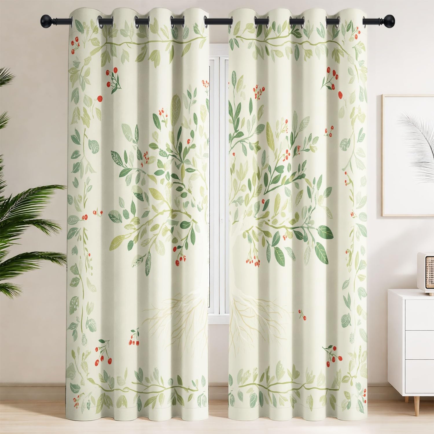 Generisch Lebensbaum Rankenblätter Vorhänge mit Ösen Gardinen Blackout Curtain Landhaus Rustikal Thermo Vorhang Weich Schlafzimmer Wohnzimmer Verdunklungsvorhänge 2er Set B 110 x H 215 cm