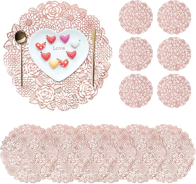 Olrla Rose Gold PlaceMats and Coasters Sets of 6, PVC Round Place Mats Non-Slip Restaurant Cafe Home Kitchen Christmas Wedding Decoration (Rose Garden)