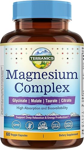 Terranics Complejo de magnesio de 500 mg, glicinato, malato, taurato, citrato, quelado, purificado y fácil de absorber suplemento de magnesio para