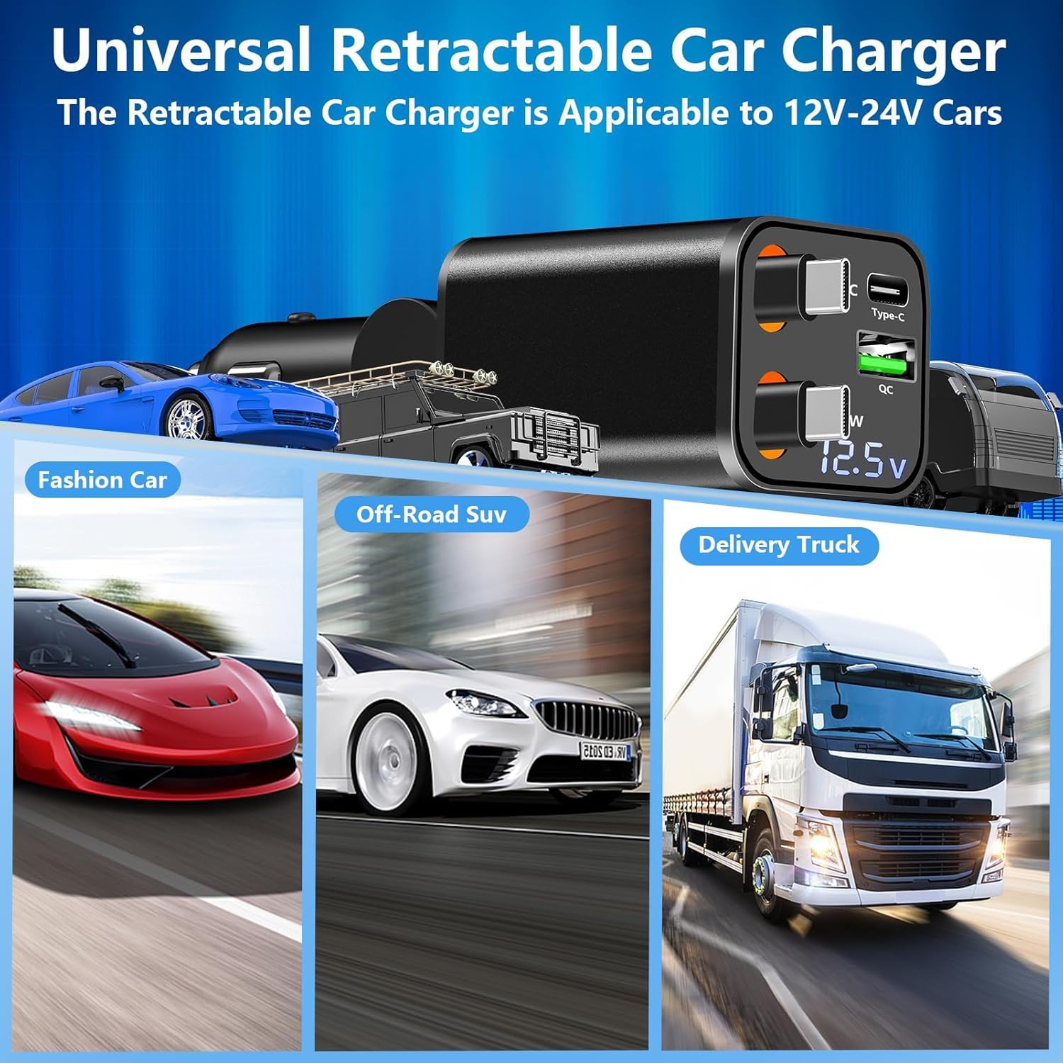 Caricatore da auto retrattile USB C, USB C caricabatteria da auto tipo C ricarica rapida adattatore accendisigari per iPhone 17/17 Pro Max/16 Pro/15/Galaxy S25/S24/Pixel
