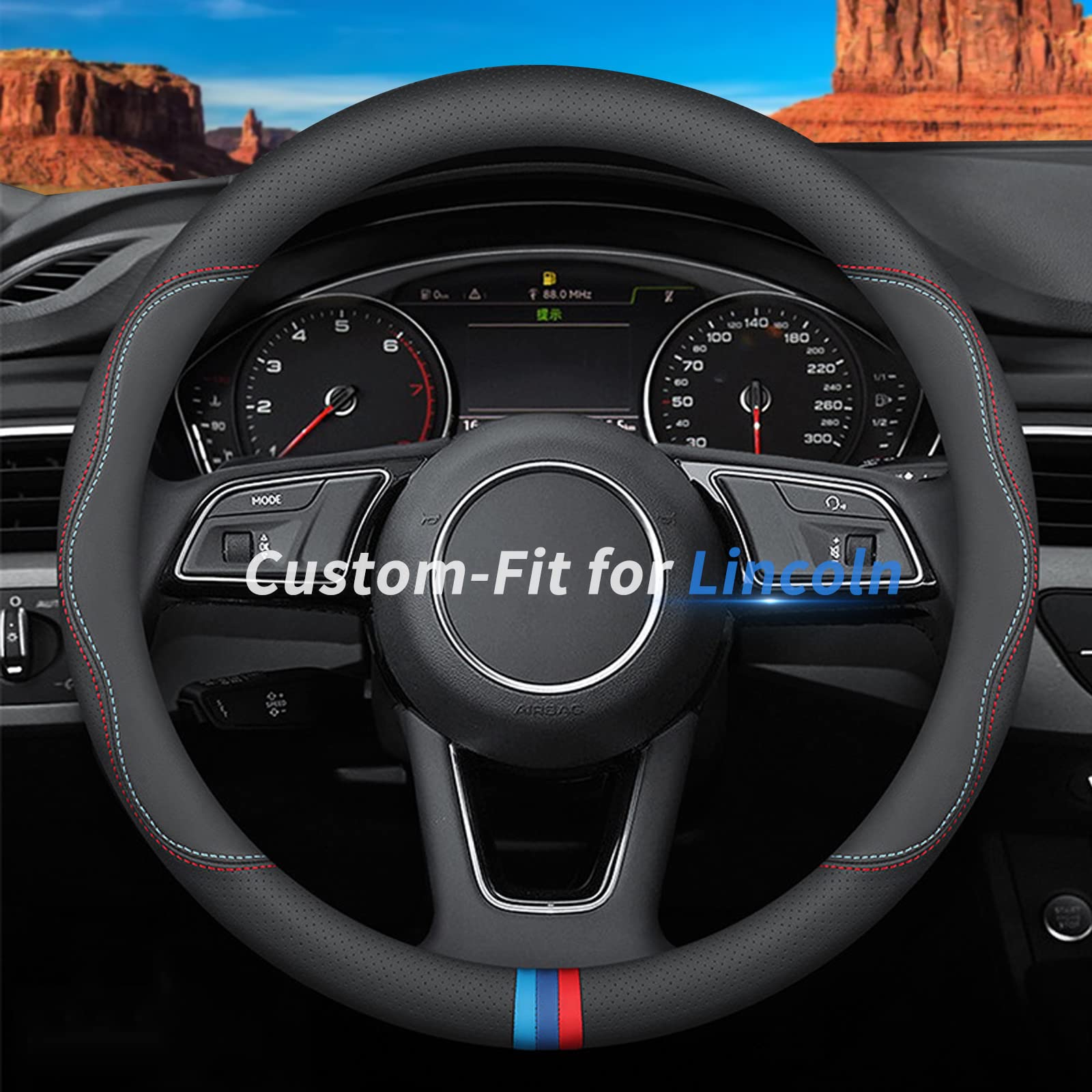 Deer Route Custom-Fit for Lincoln Steering Wheel Cover, Premium Leather Car Steering Wheel Cover with Logo, Non-Slip, Breathable, for Lincoln Accessories (C-Style,for Lincoln)