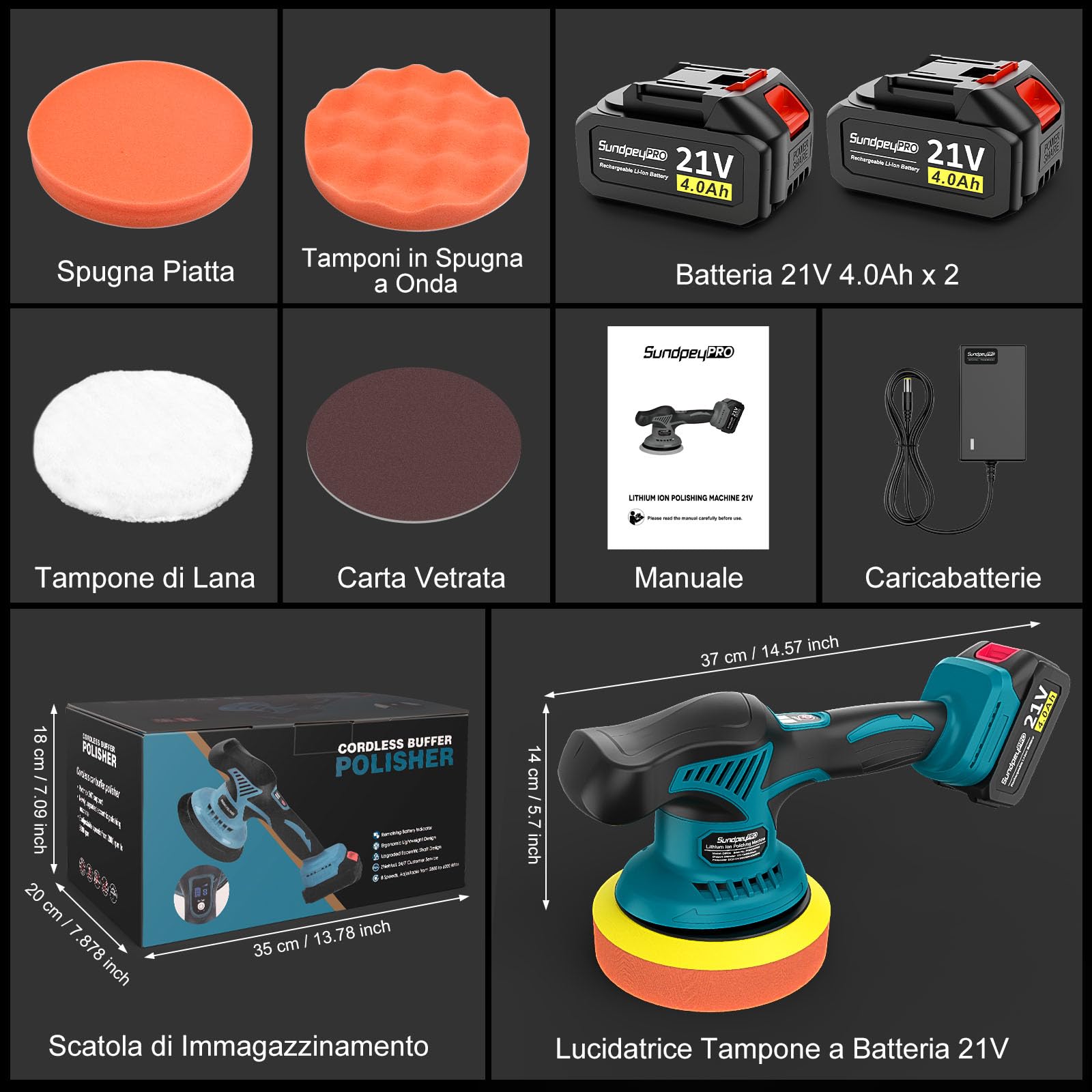 21V Lucidatrice Auto a Batteria, SundpeyPRO Lucidatrice Rotorbitale da 6 Pollici con 2 Batterie da 4.0Ah e 8 Velocità Variabili e 6000RPM, Lucidatrice Auto per la Pulizia Dell'auto e la Lucidatura