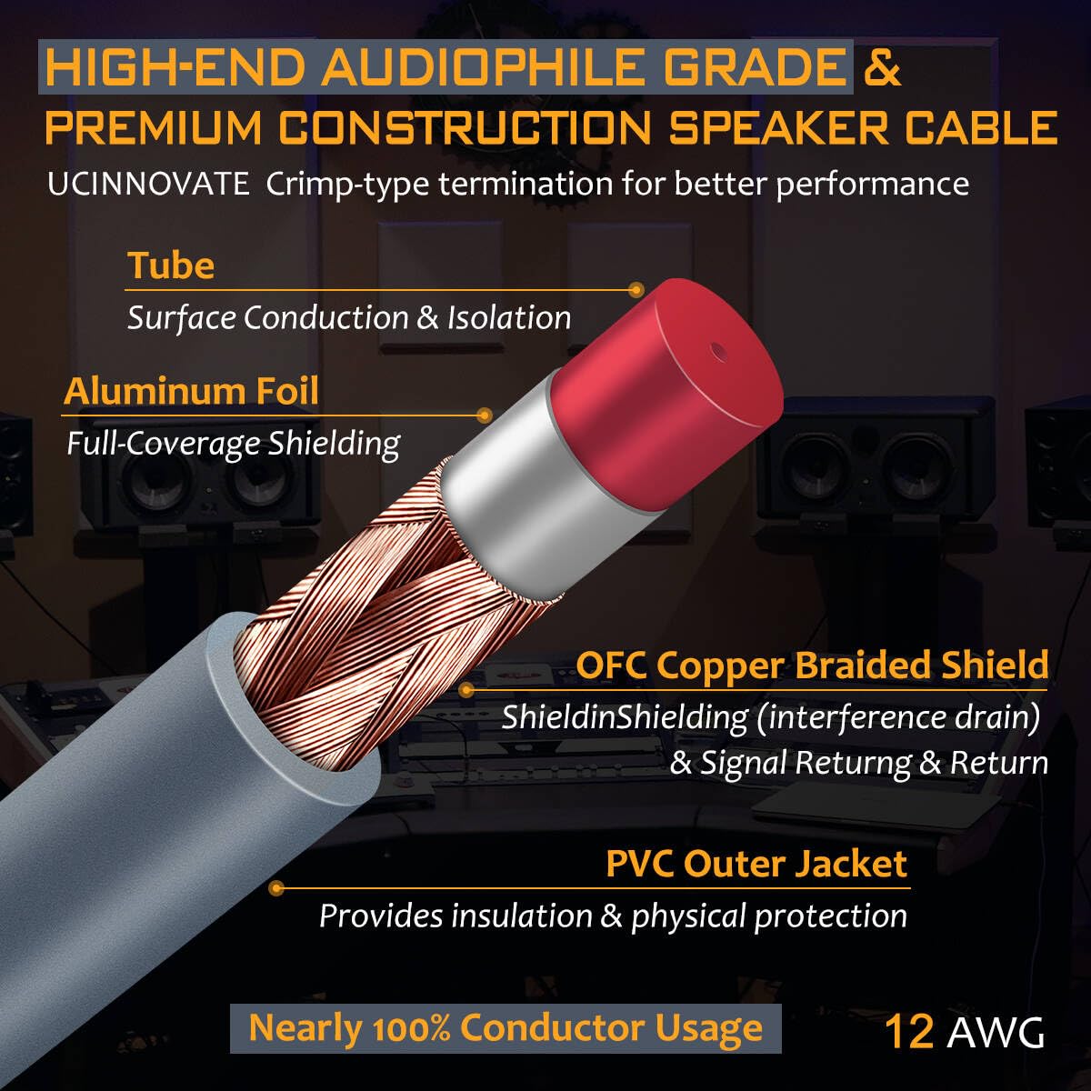 UCINNOVATE Cavo per altoparlanti OFC bi-cablato di fascia alta, 12 AWG, confezione da 2 cavi per audiofili HiFi da 4 m, con connettori a banana placcati in oro, per altoparlanti, Home Theater
