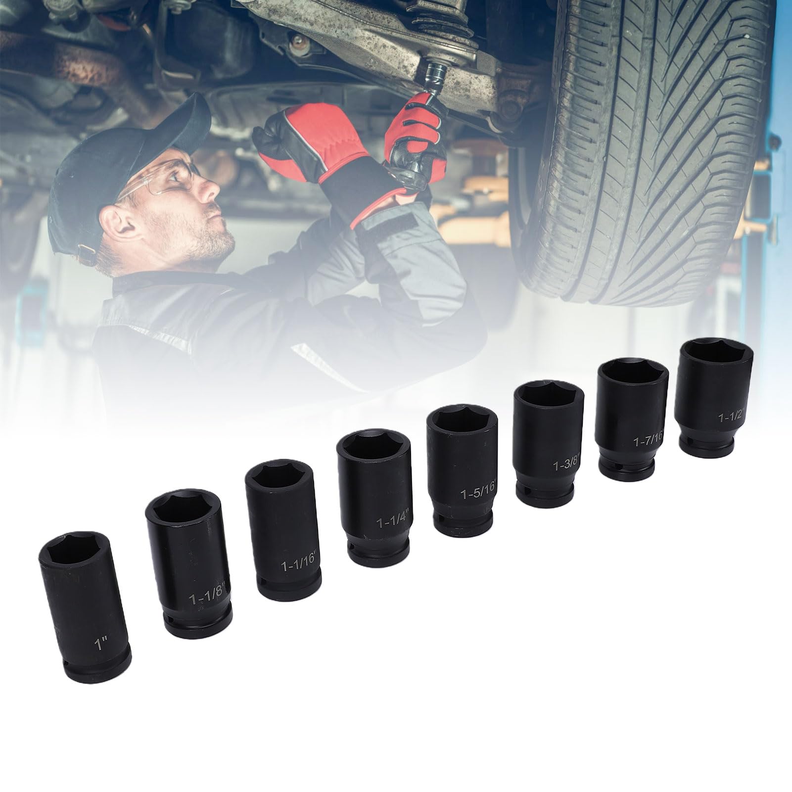 Akozon Juego 8 Vasos Impacto 3/4 Pulgadas Accionamiento Acero CrMo Profundos 6 Puntos SAE 1 a 1-1/2 Pulgadas para Autos CMB0135