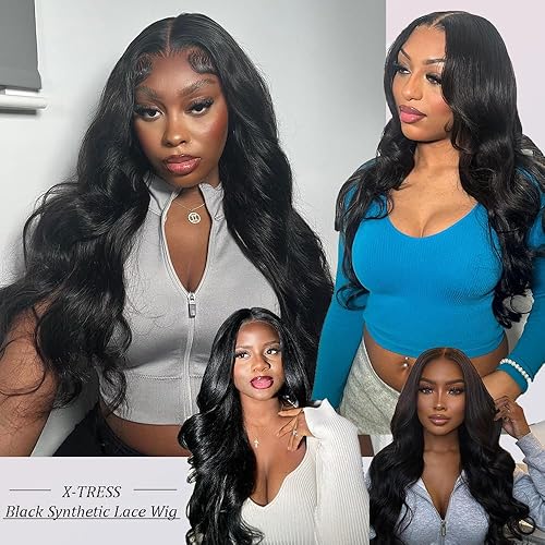Miniatura 7 de X-TRESS Peluca negra de encaje frontal para mujer, 28 pulgadas, peluca ondulada sin pegamento, peluca de encaje frontal sintética prearrancada con