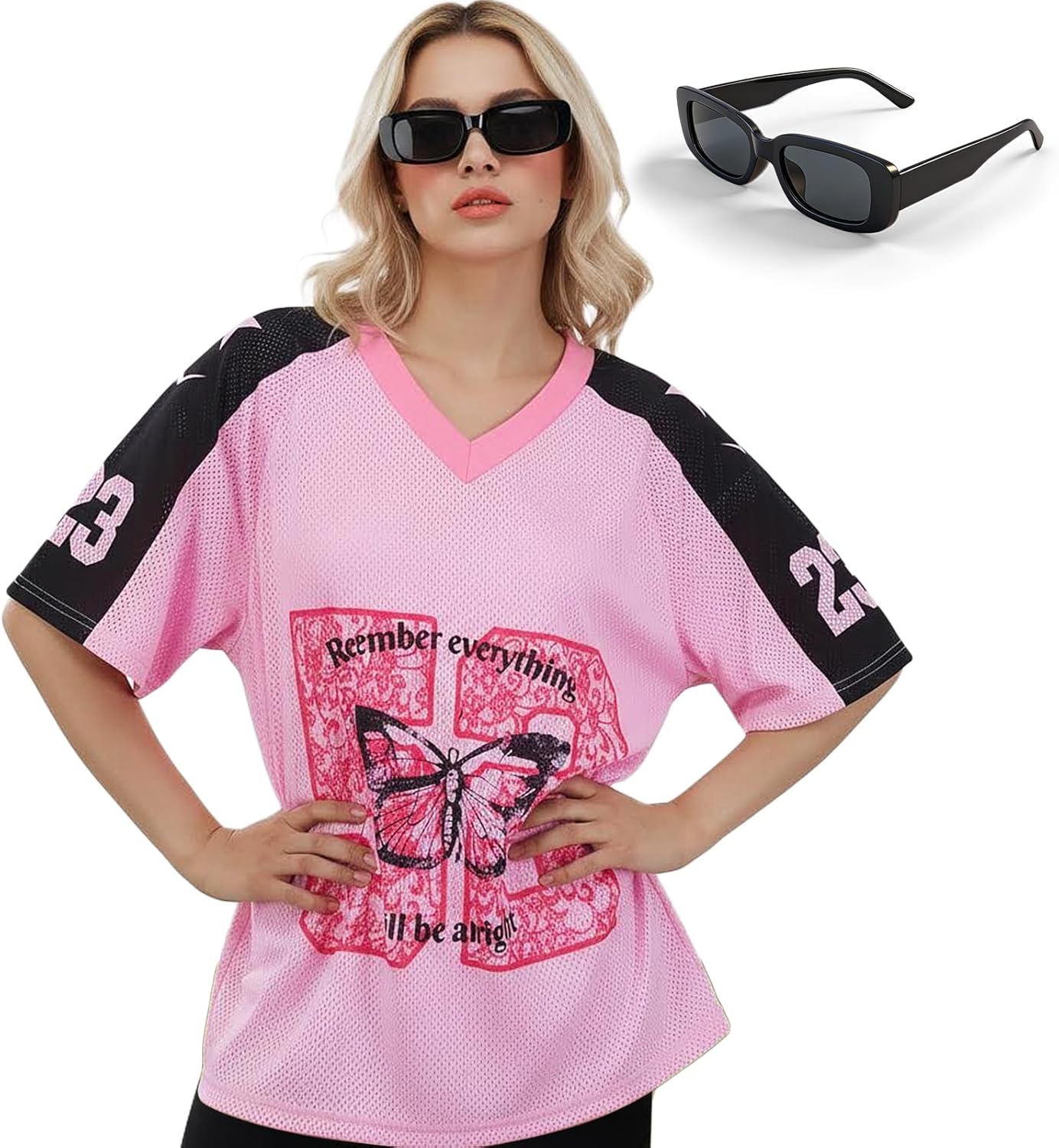 Jersey Shirts for Women Y2k Tops Baggy Shirts Oversized Tees V Neck Cute Butterfly Soccer Streetwear T Shirt Tops