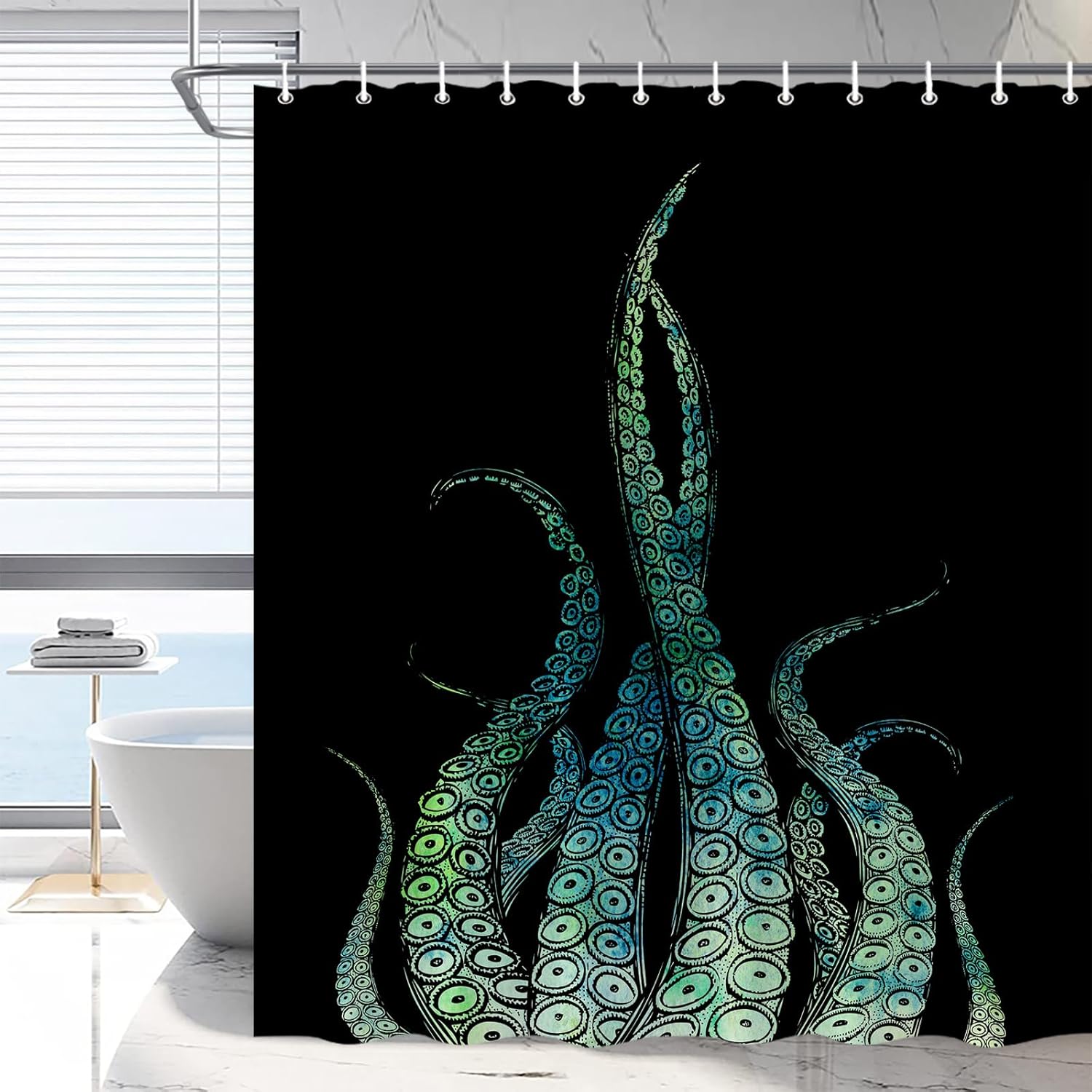Octopus Tentacles Shower Curtain Kraken Ocean Animal Green Sea Underwater Creature Simple Black Backdrop Cool Creative Art Bathroom Decor Curtains Set Polyester Fabric with Hooks 108 x 70 in