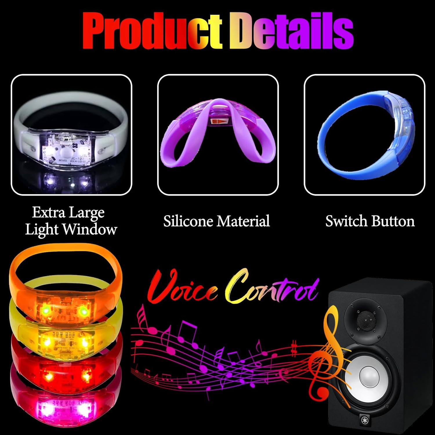 100 Pcs LED Bracelets Sound Activated with Flashing LED Strobe Music Control Light Up Bracelets for Rave, Game Prizes, Birthday Party Favor,Valentine's Day gift - Image 3
