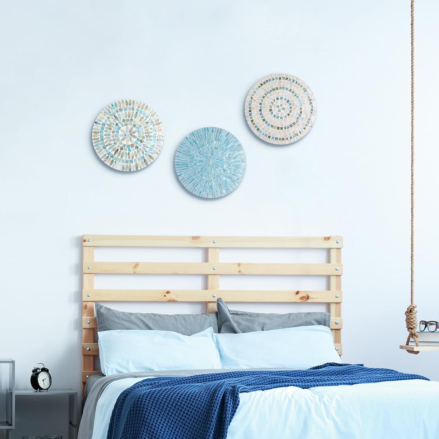 Tioncy 3 Pcs 11.8 Inches Spring Summer Blue Mother of Pearl Shell Plate Coastal Wall Art Mosaic Wall Sculpture Shell Handmade Hanging Plates Arts for Bedroom Bathroom Home Office Hotel