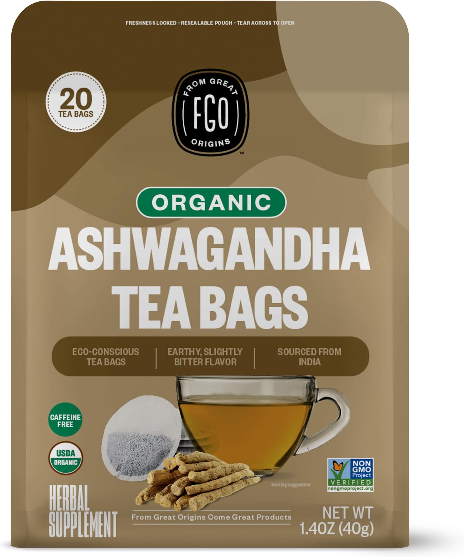 FGO Organic Ashwagandha Tea, 20 Count, Eco-Conscious Herbal Tea Bags, Resealable Bag, Caffeine Free, Packaging May Vary (Pack of 1)