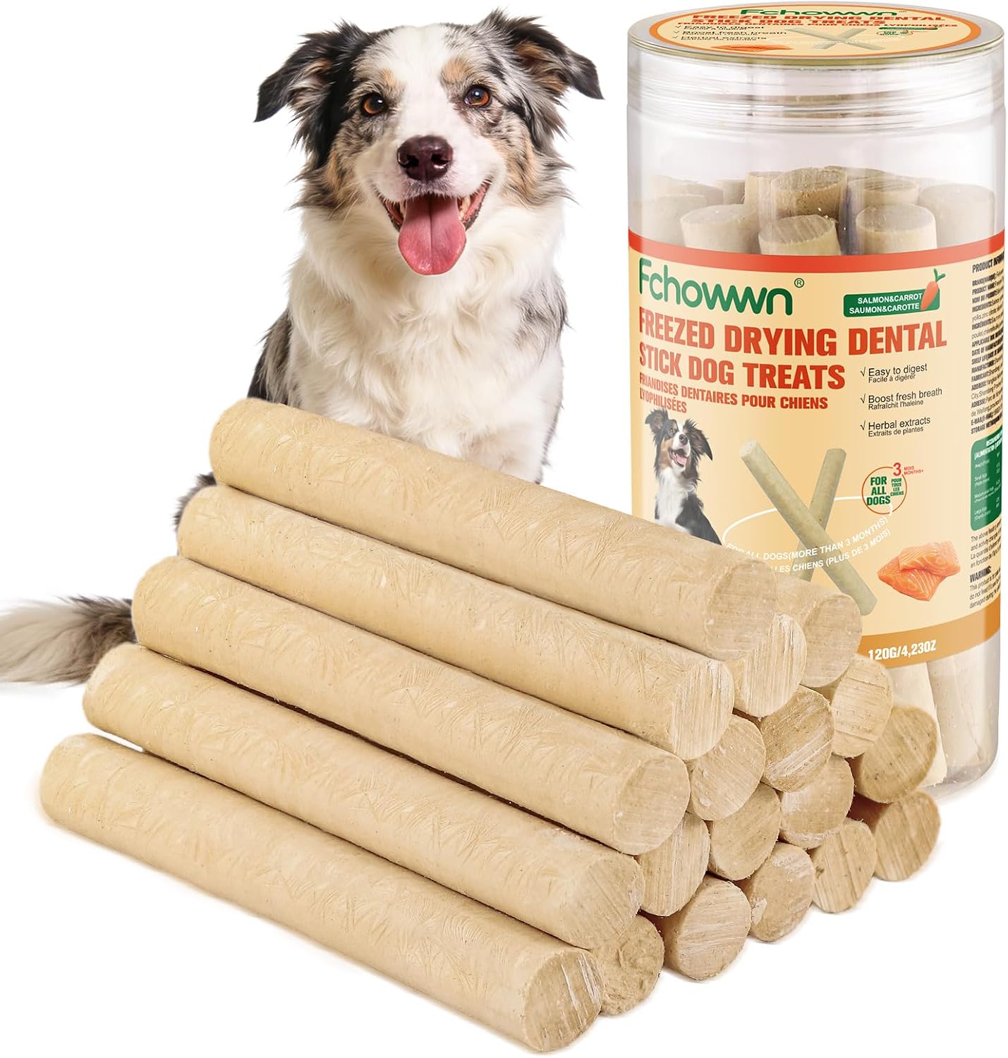 120g/4.23oz Natural Dehydrated Salmon Sticks for Dogs,High-Protein Treats with Carrots,Easy to Digest,Perfect for Daily Training and Promoting Dental Health