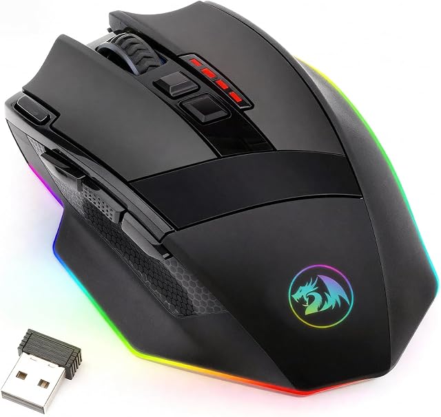 Redragon M801 Wireless Gaming Mouse, 16000 DPI Wired/Wireless, 9 Programmable Buttons, Customizable Macro, Rapid Fire and Side Buttons, RGB Backlit for Windows PC Gamer (Black)