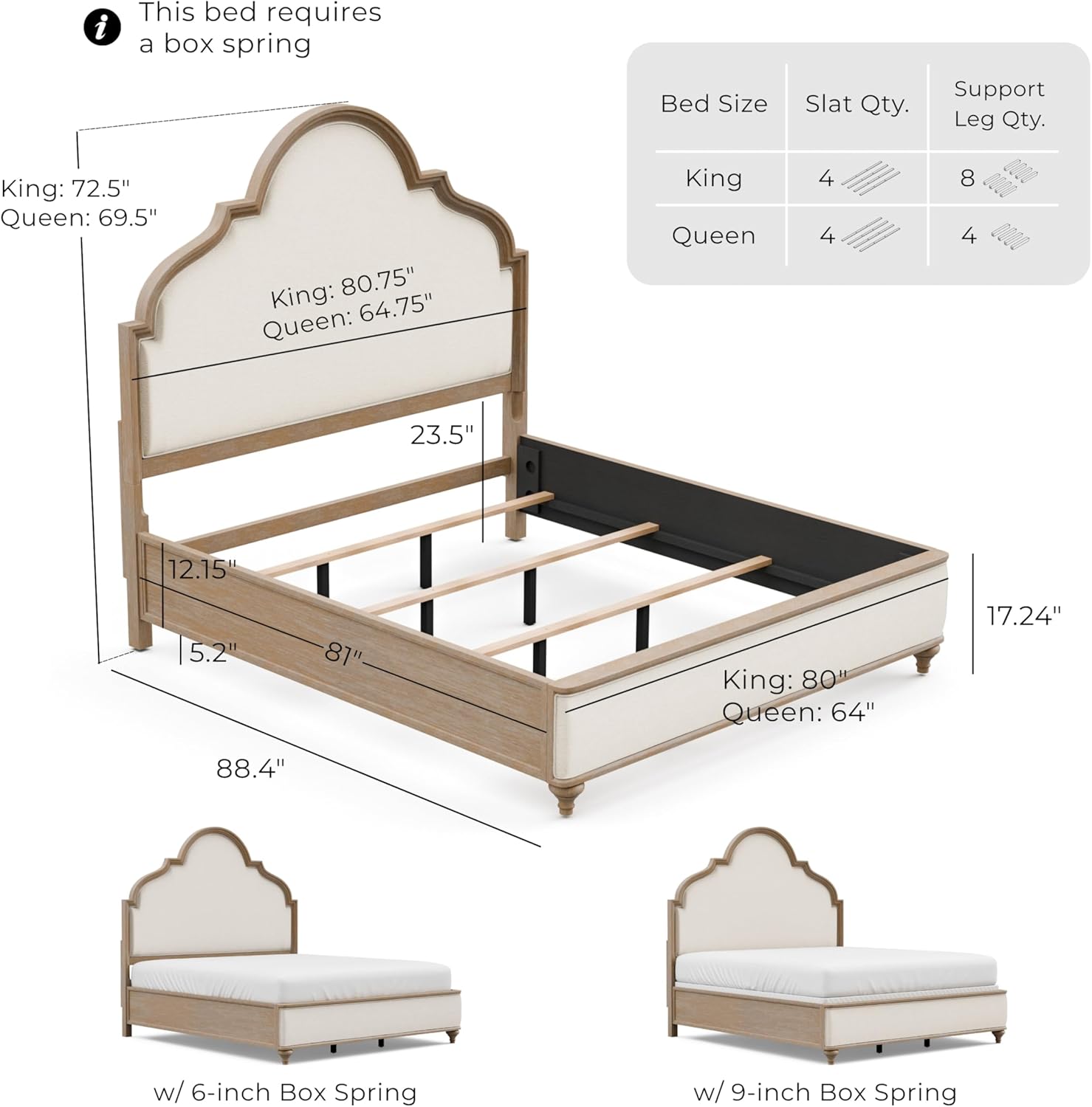 Furniture of America Weile Art Deco Solid Wood 88-inch Panel Bed with Upholstered Headboard and Footboard, Box Spring Required for Bedroom, Guest Room, King, Rustic Oak