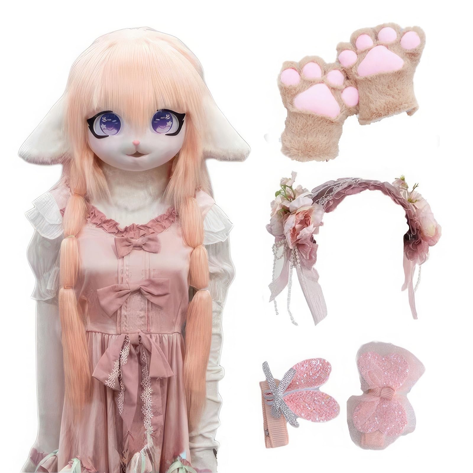 Kaptur w stylu anime, futrzana maska zwierzęca, przenośne przebranie na imprezę z kapturem, kostium cosplay nakrycie głowy z rękawiczkami z kociej łapy, opaski i spinki do włosów (kolor: