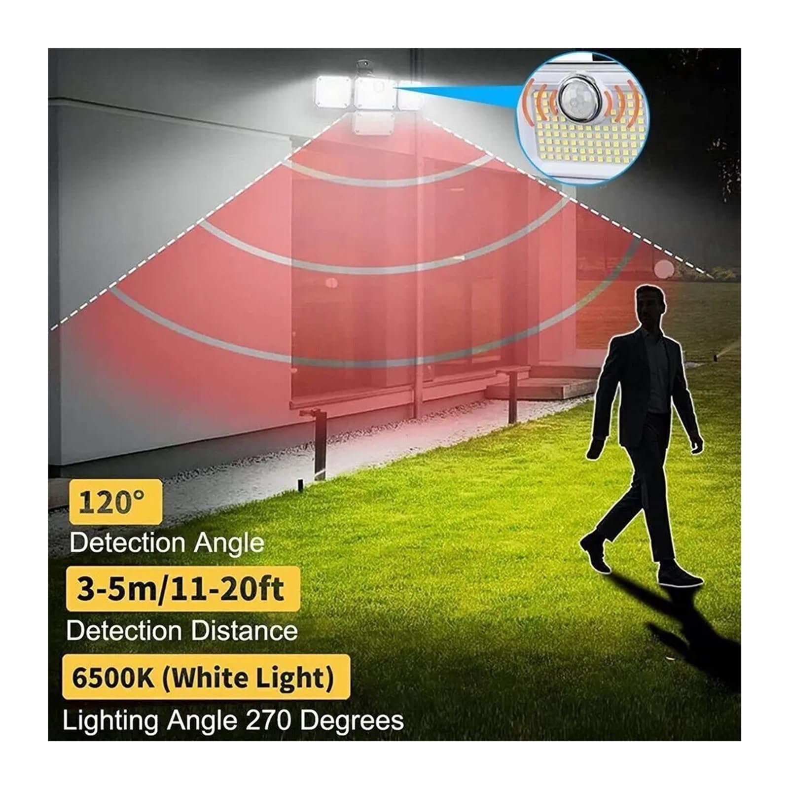 Lampa solarna zewnętrzna, Wodoodporna lampa zewnętrzna zasilana energią słoneczną, czujnik ruchu, 2000 LM, 333 LED, lampa uliczna, kinkiet, reflektory do dekoracji ogrodu(333LED integrated)