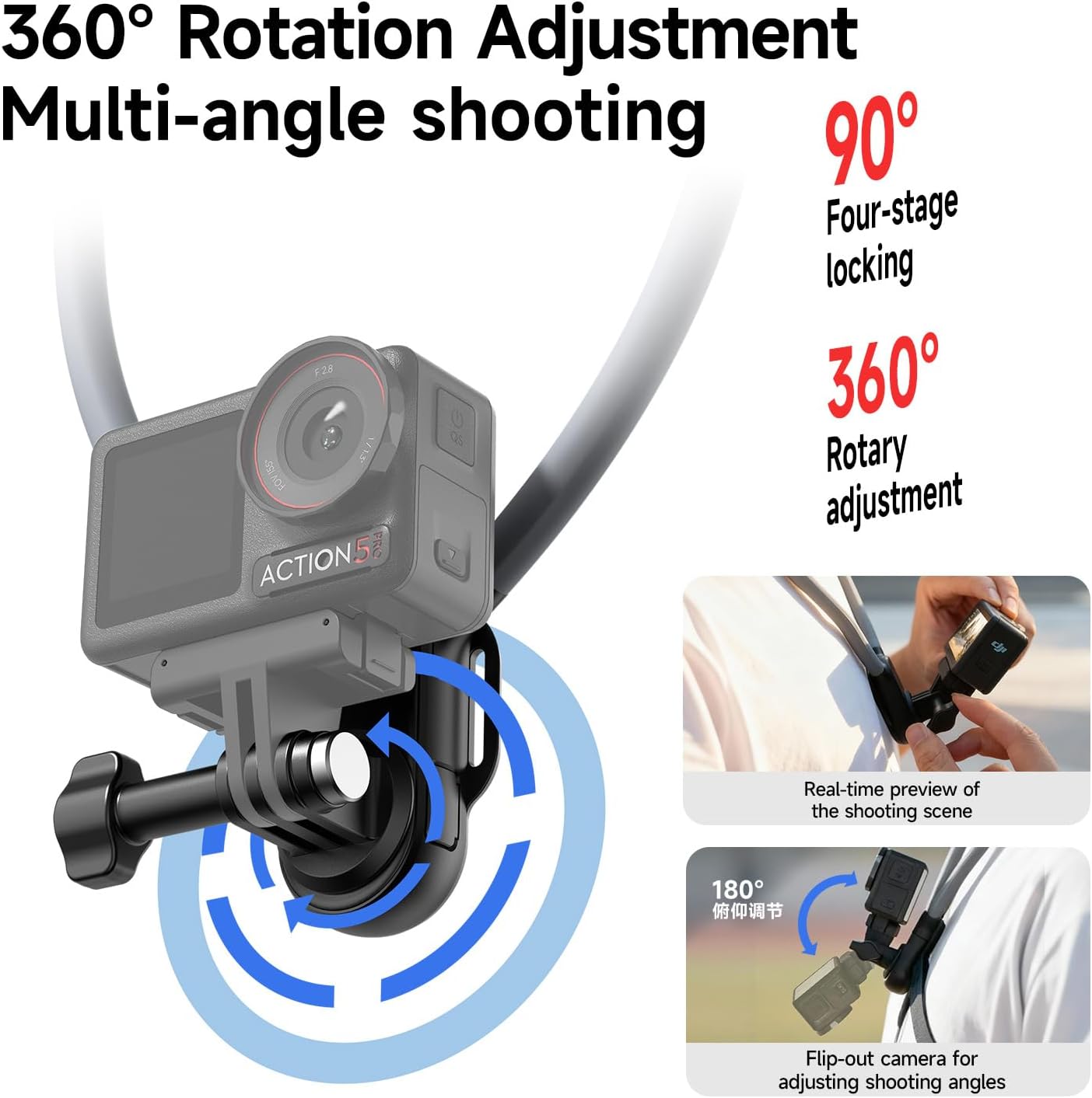 LKTOP Neck Mount with Adjustable Chest Strap and Neck Mount for Hands-Free POV Vlogging for GoPro Hero 13/12/11/10/9, Insta 360 X5/X4/Ace Pro 2 / Osmo 360 Nano Action 6/5 Pro/4/3