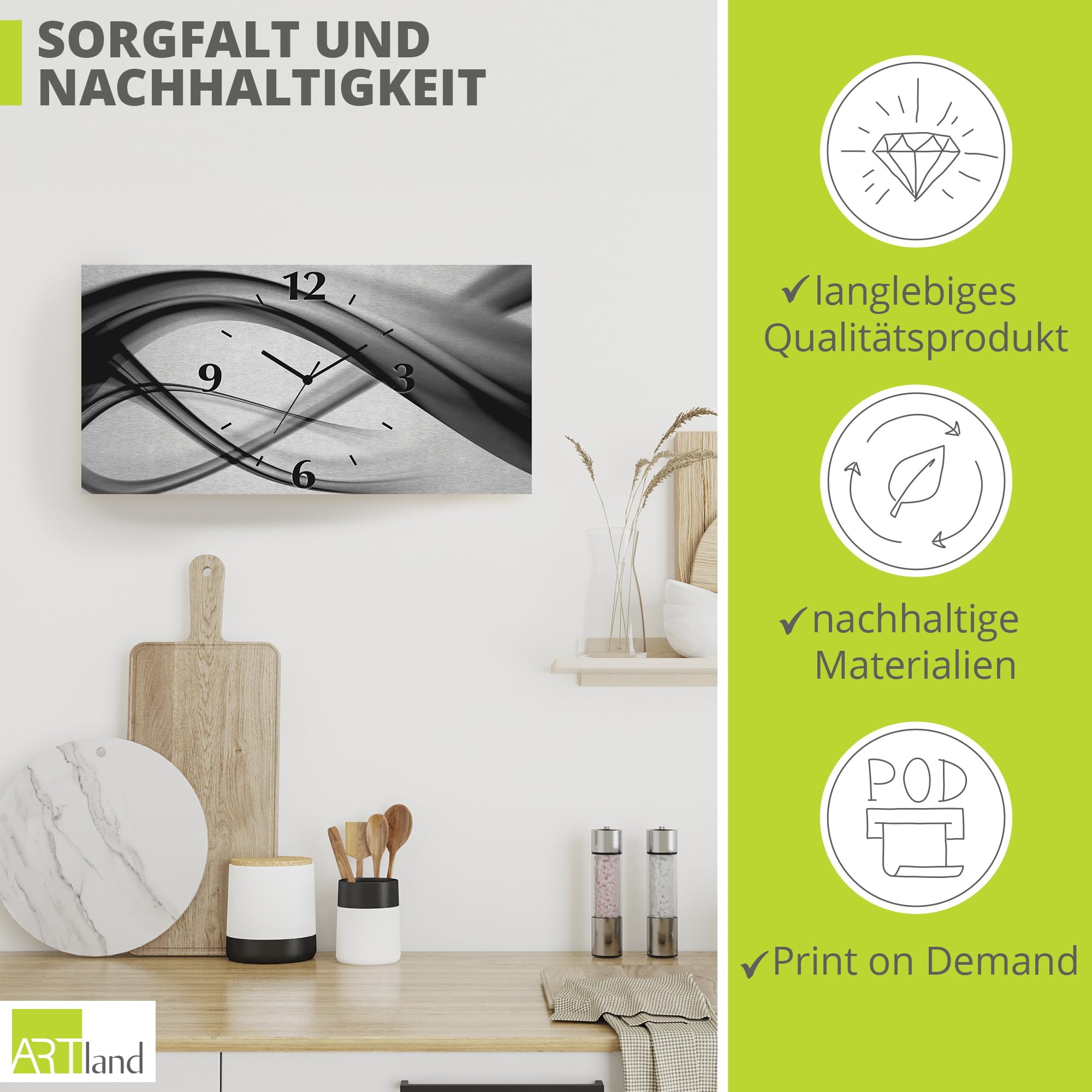 ARTLAND Wanddeko Wanduhr ohne Tickgeräusche Alu Funkuhr 50x25 cm Eckig Lautlos 3D Design Welle Abstrakt Modern Kreativ Ausgefallen S7KQ