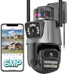 Câmera de Segurança Wi-Fi Externa 4K com Dupla Lente e Tela Dividida, Visão Noturna Infravermelha, Sirene, Luz de Alerta, IP66 à Prova d’Água e Poeira – Vigilância 24h para Ambientes Externos
