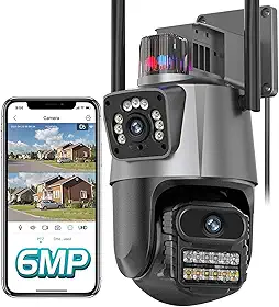 Câmera de Segurança Wi-Fi Externa 4K com Dupla Lente e Tela Dividida, Visão Noturna Infravermelha, Sirene, Luz de Alerta, IP66 à Prova d’Água e Poeira – Vigilância 24h para Ambientes Externos