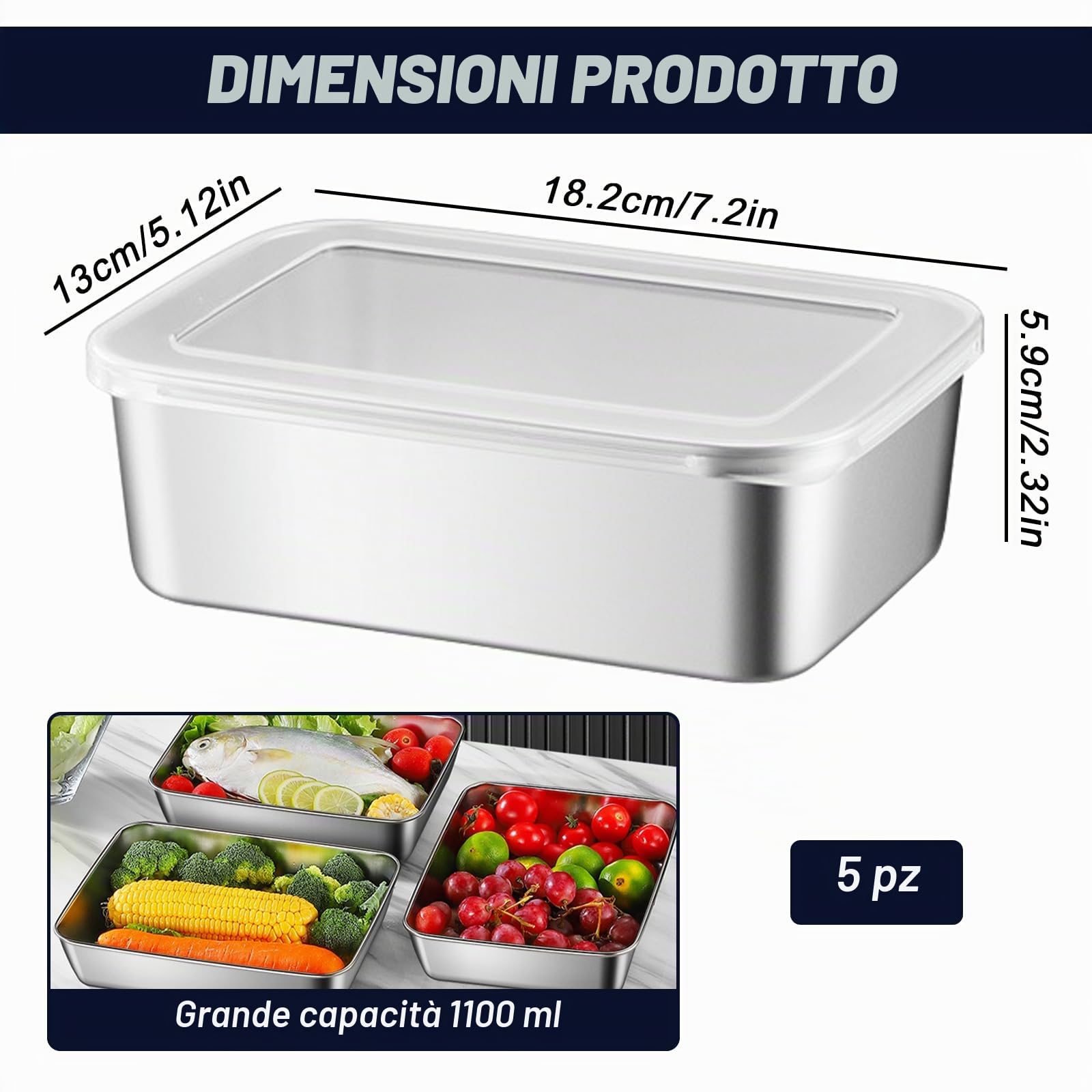 Sporgo 5 contenitori salvafreschezza con coperchio: 1100 ml, in acciaio inox, riutilizzabili, contenitori per congelatore, contenitori per alimenti, frutta, insalate, caramelle e marmellate