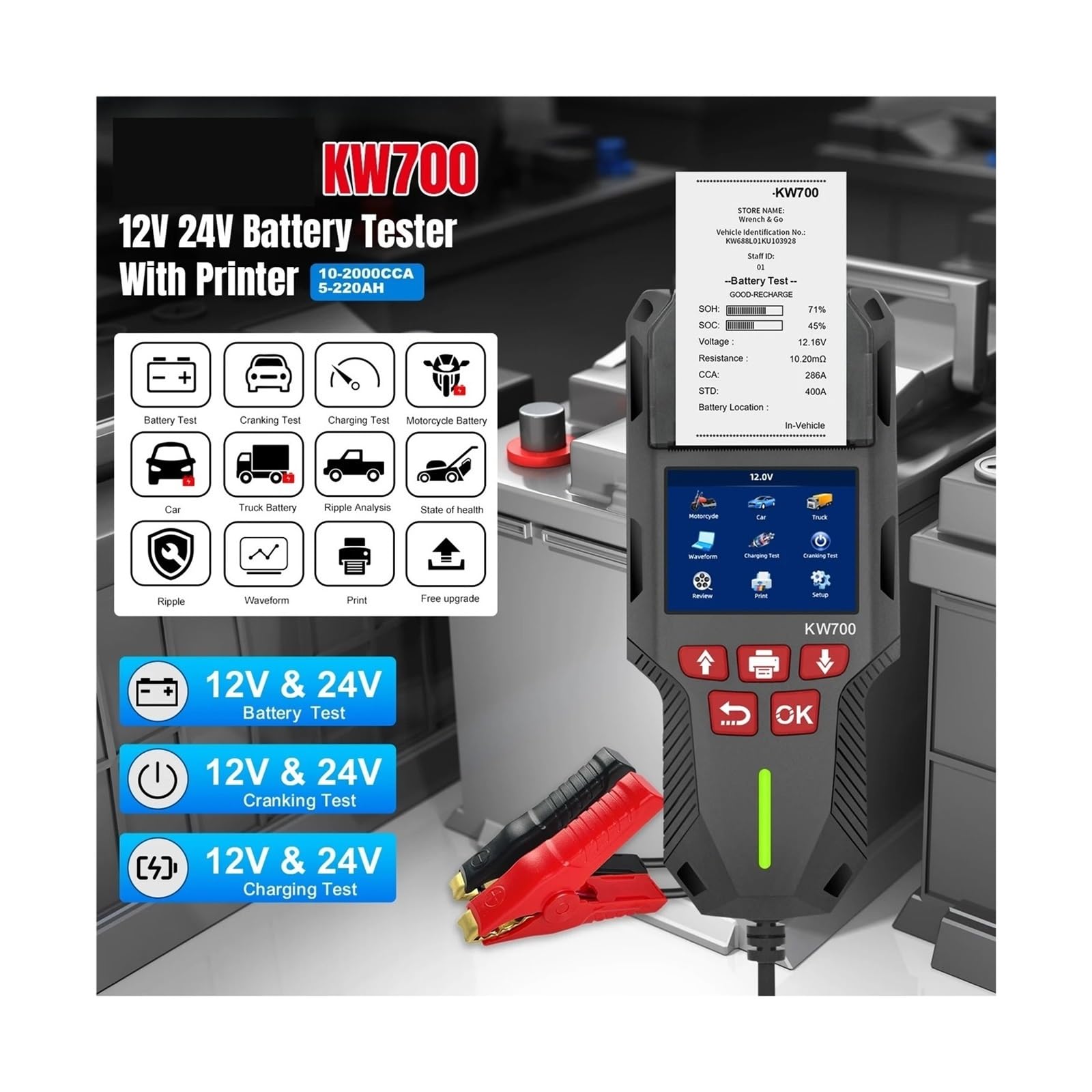 KW700 Tester akumulatorów samochodowych i ciężarowych z funkcją drukowania 12 V 24 V Analizator akumulatorów Test rozruchu Test ładowania 10-2000 CCA Rozrusznik Alternator