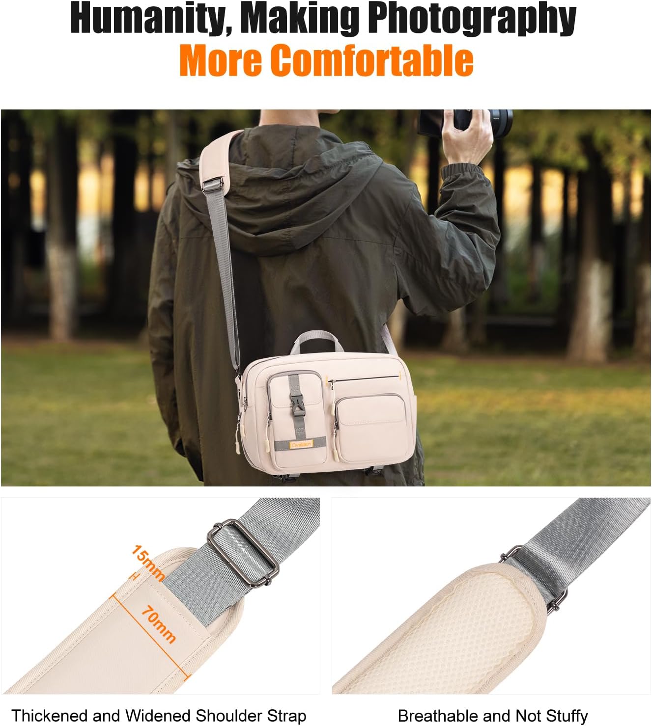 Cwatcun Camera Bag,SLR DSLR Canvas Sling Bag Small Compact Camera Shoulder Bag Crossbody Camera Case photography Purse for Canon Nikon Sony Fuji Mirrorless Cameras, White - Image 6