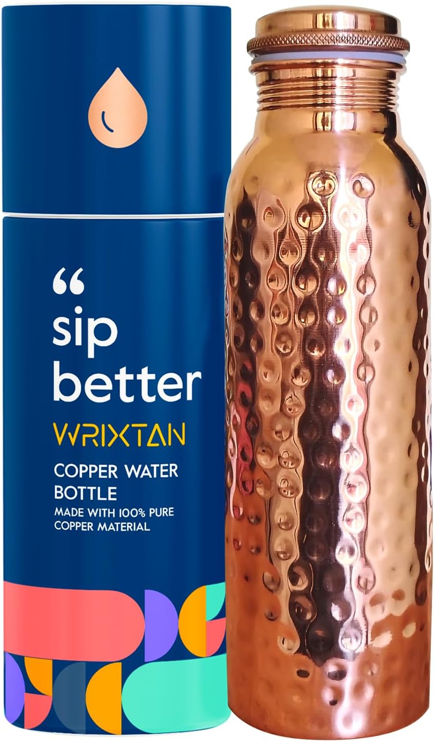 Premium Hammered Pure Copper Water Bottle – 1 Liter (34 Oz) | Handcrafted Design | Leak-Proof, Durable & Eco-Friendly | Elegant & Sustainable for Office, Yoga, Travel & Fitness