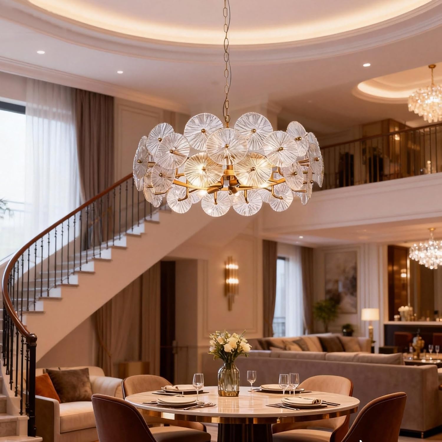 24" Modern Gold Glass Chandelier, 3 Tiers Gold Chandeliers Ceiling Light Fixtures, 9-Light Round Pendant Hanging Light for Dining Room, Living Room, Kitchen Island, Bedroom