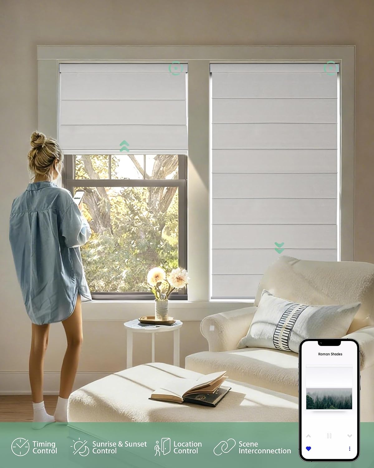Yoolax Motorized Roman Shades with Remote, Smart Roman Shades for Indoor Windows, Automatic Blinds Compatible with Alexa Google Home, APP Control, Custom Size (Texture White)